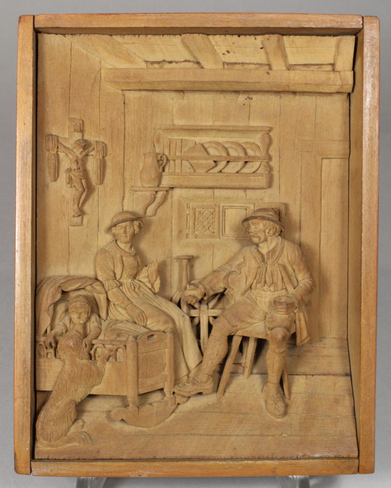 Paar Reliefschnitzereien, Holz, figürlichen Szenen, Maße: 12 x 15,5 cm. Altersgemäß guter Zustand, - Image 2 of 4