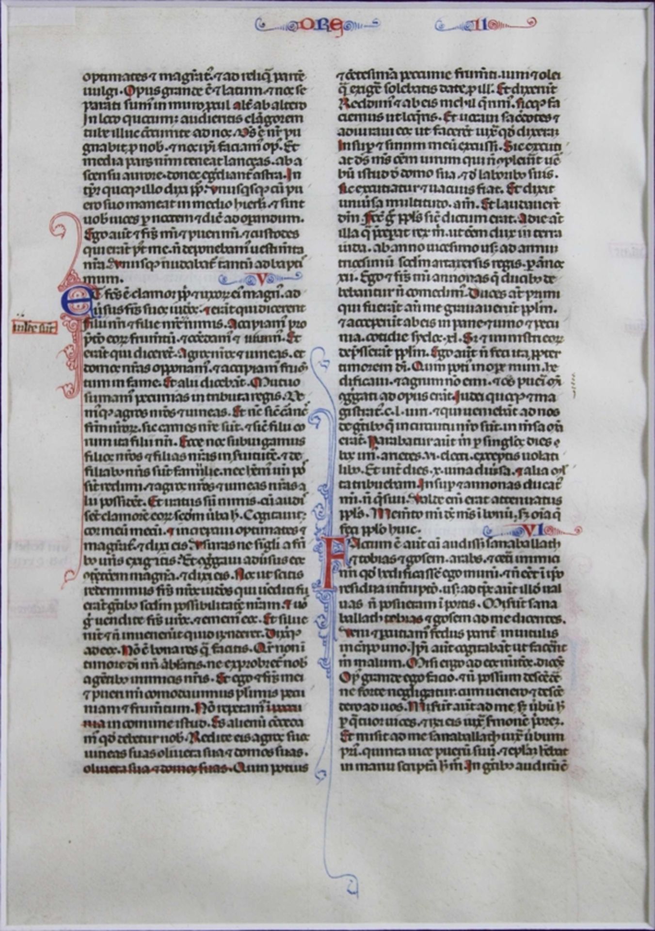 Mittelalterliche Handschrift auf Vellum, einzelne Doppelbuchseite, Maße: 20 x 14 cm, Rahmen: 36 x