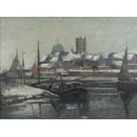 Helma Holthausen-Krüll (deutsch 1916 - 2020), Winterabend, Öl auf Hartfaserplatte, unten rechts sig