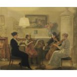 Musikzimmer, Lithographie, im Stein sig., Lichtmaß: 72 x 81 cm, Rahmen: 92 x 101 cm. Guter Zustand,