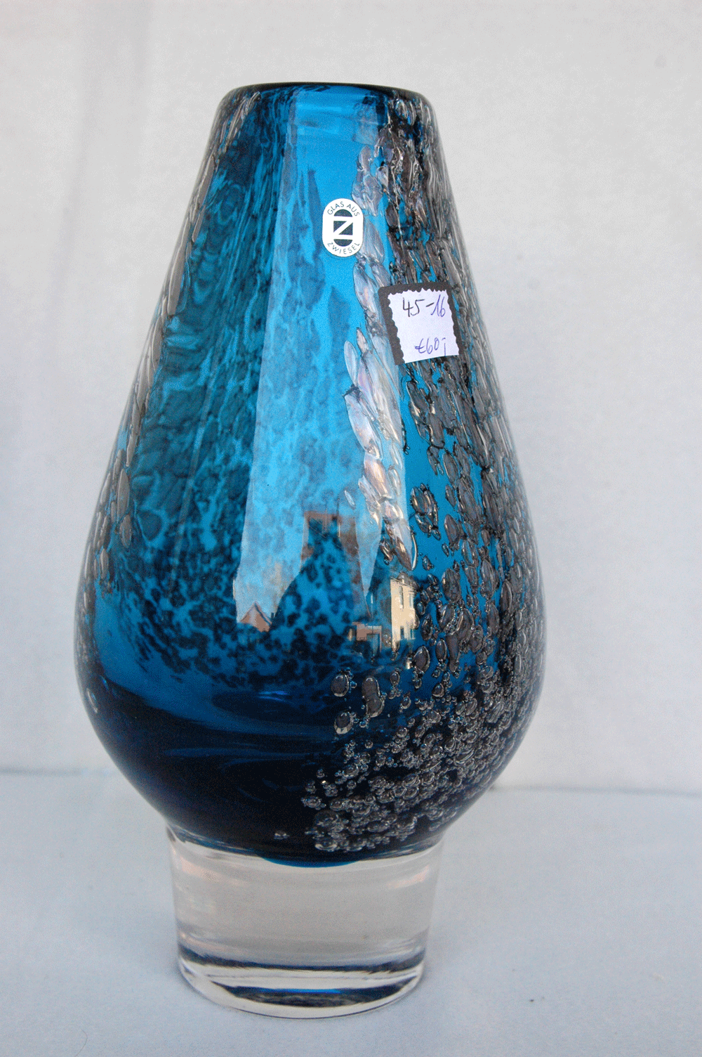Vase, Schott Zwiesel Glas, Dekor Florida, petrolfarben mit dynamischen silberfarbenen