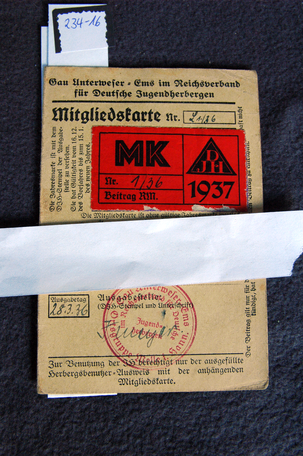 Mitgliedskarte, GU Unterweser-Ems im Reichsverband für Deutsche Jugendherbergen, 1936