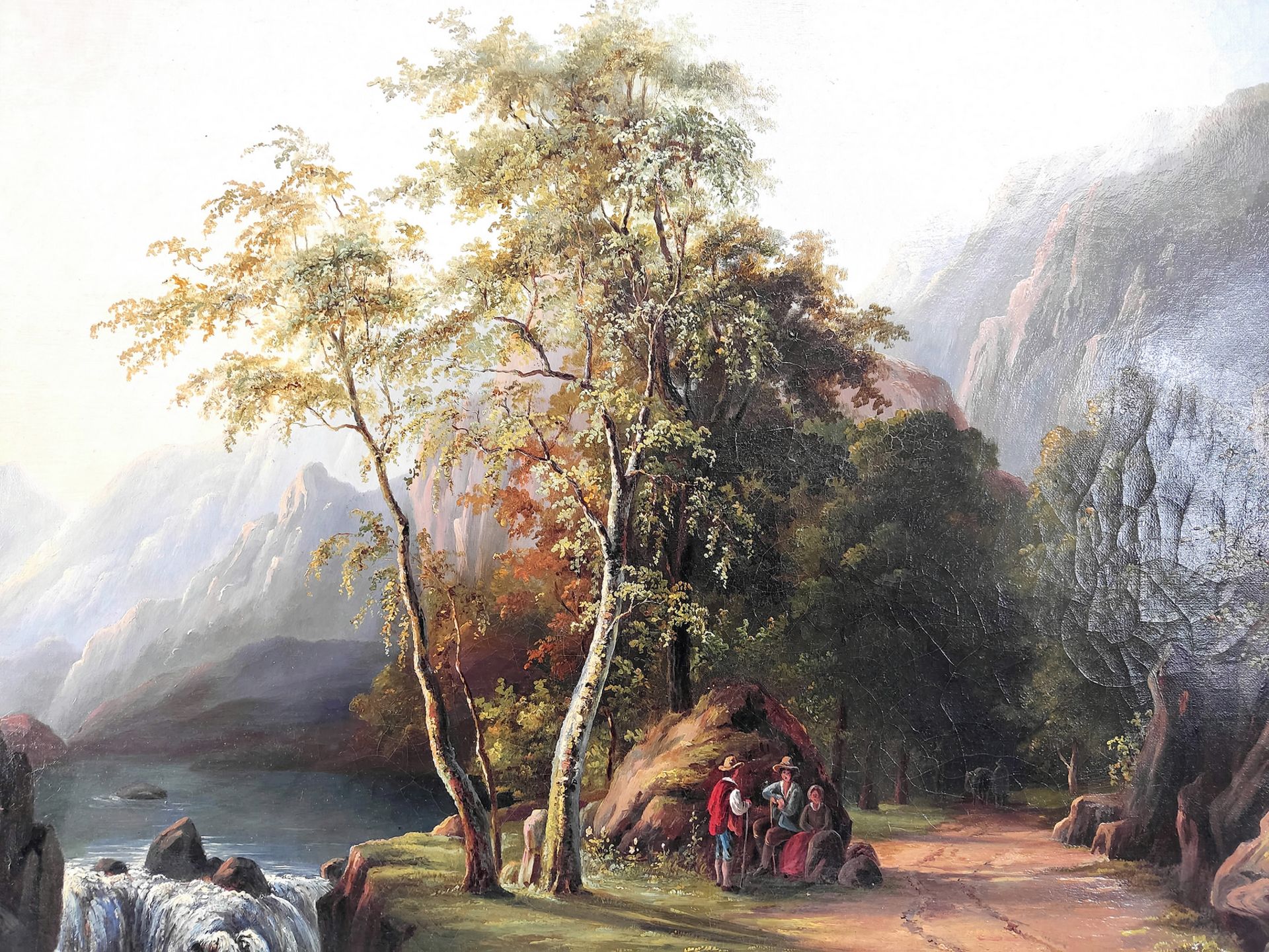 Alpenlandschaft mit rastenden Wanderern, Mitte 19.Jh. - Bild 3 aus 5