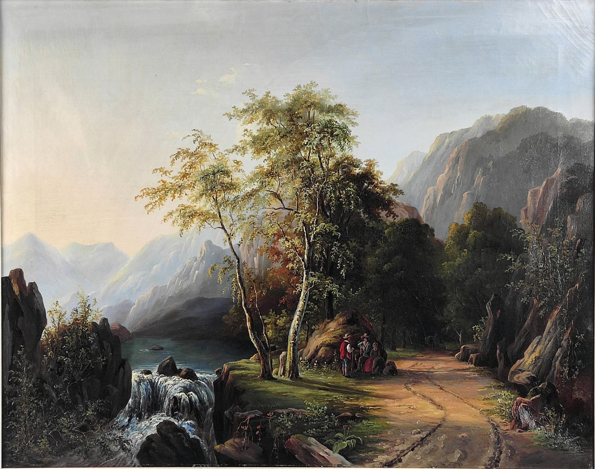 Alpenlandschaft mit rastenden Wanderern, Mitte 19.Jh. - Bild 2 aus 5