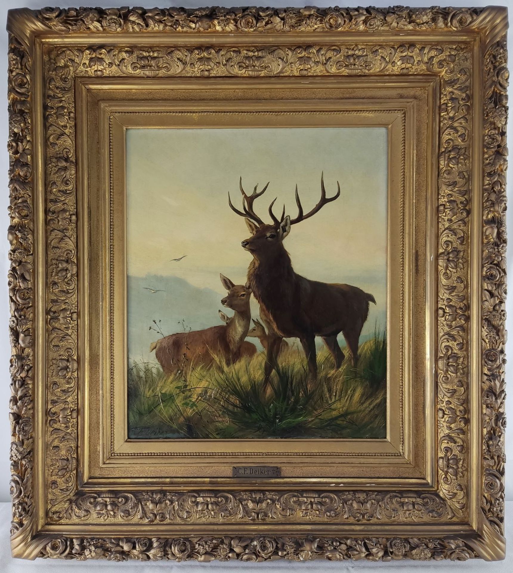 Carl Friedrich DEIKER (1836-1892) "Imposanter Hirsch mit Hirschkühen"