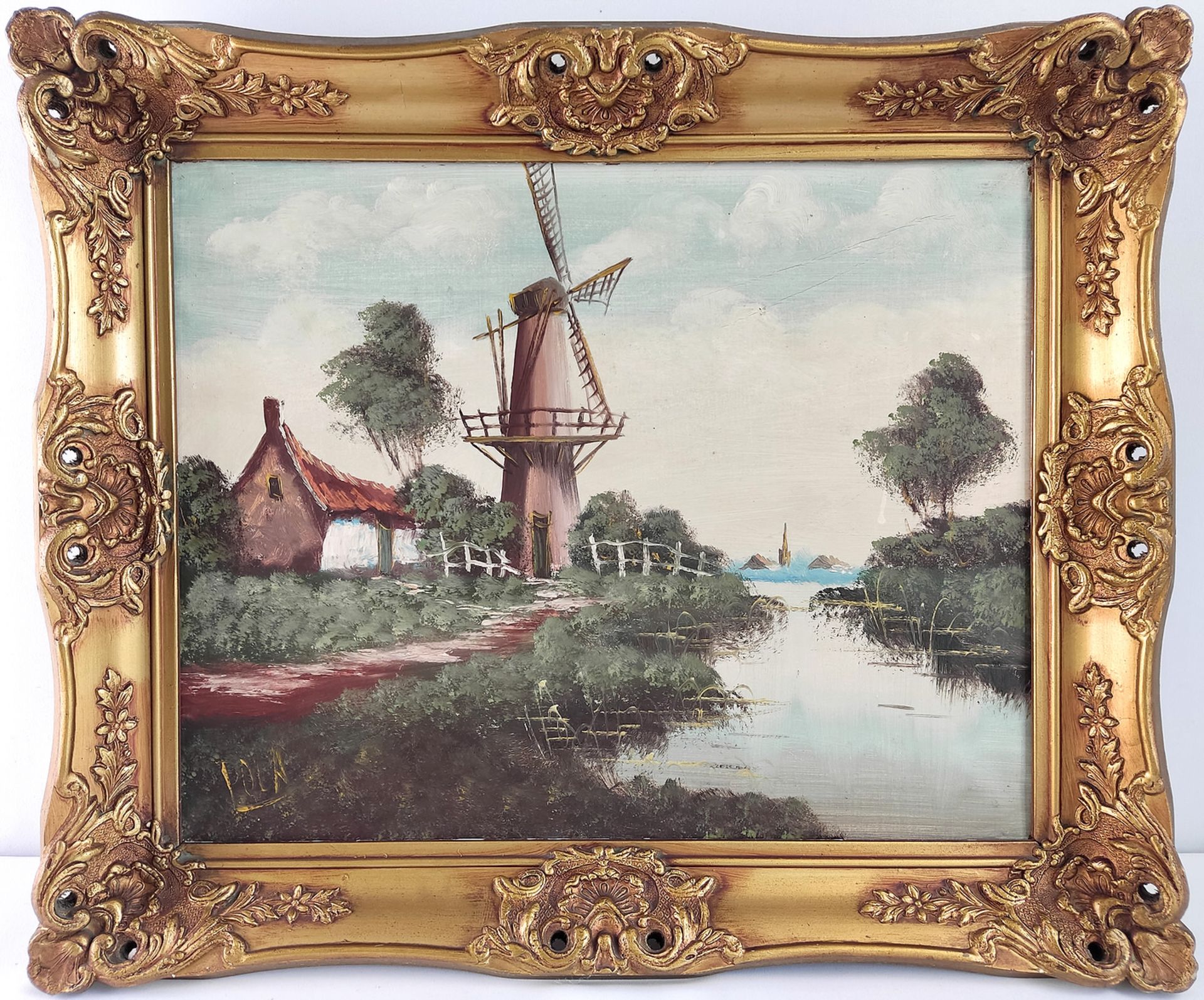 Windmühle am Fluss, Öl/Leinwand, sig. Pola, 40x50cm