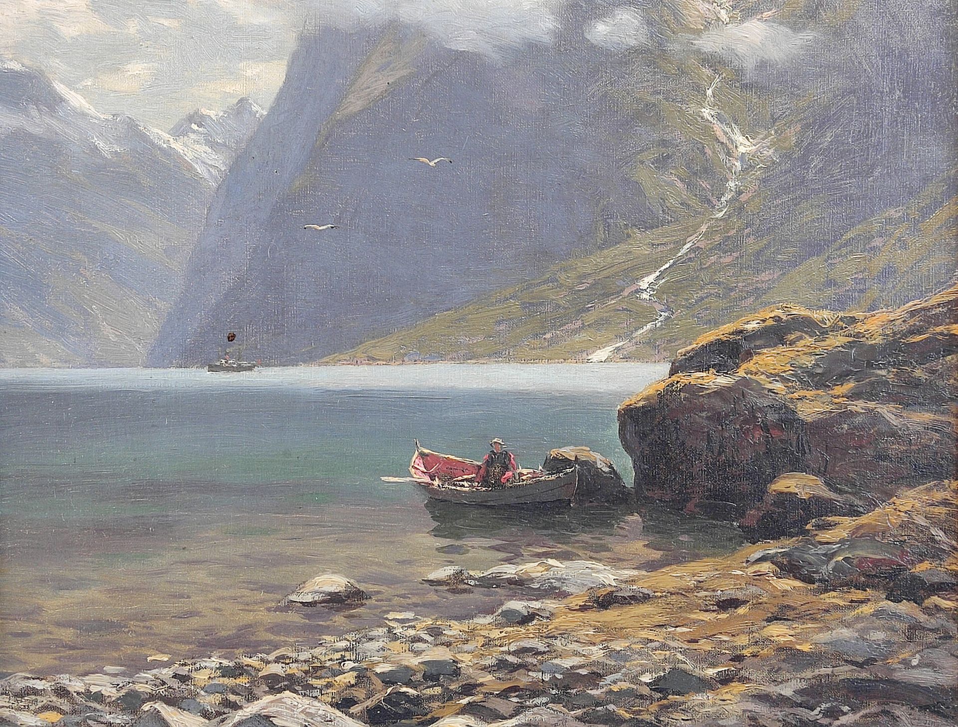 Themistocles VON ECKENBRECHER (1842-1921), Fjordlandschaft mit Fischerbooten - Bild 3 aus 4