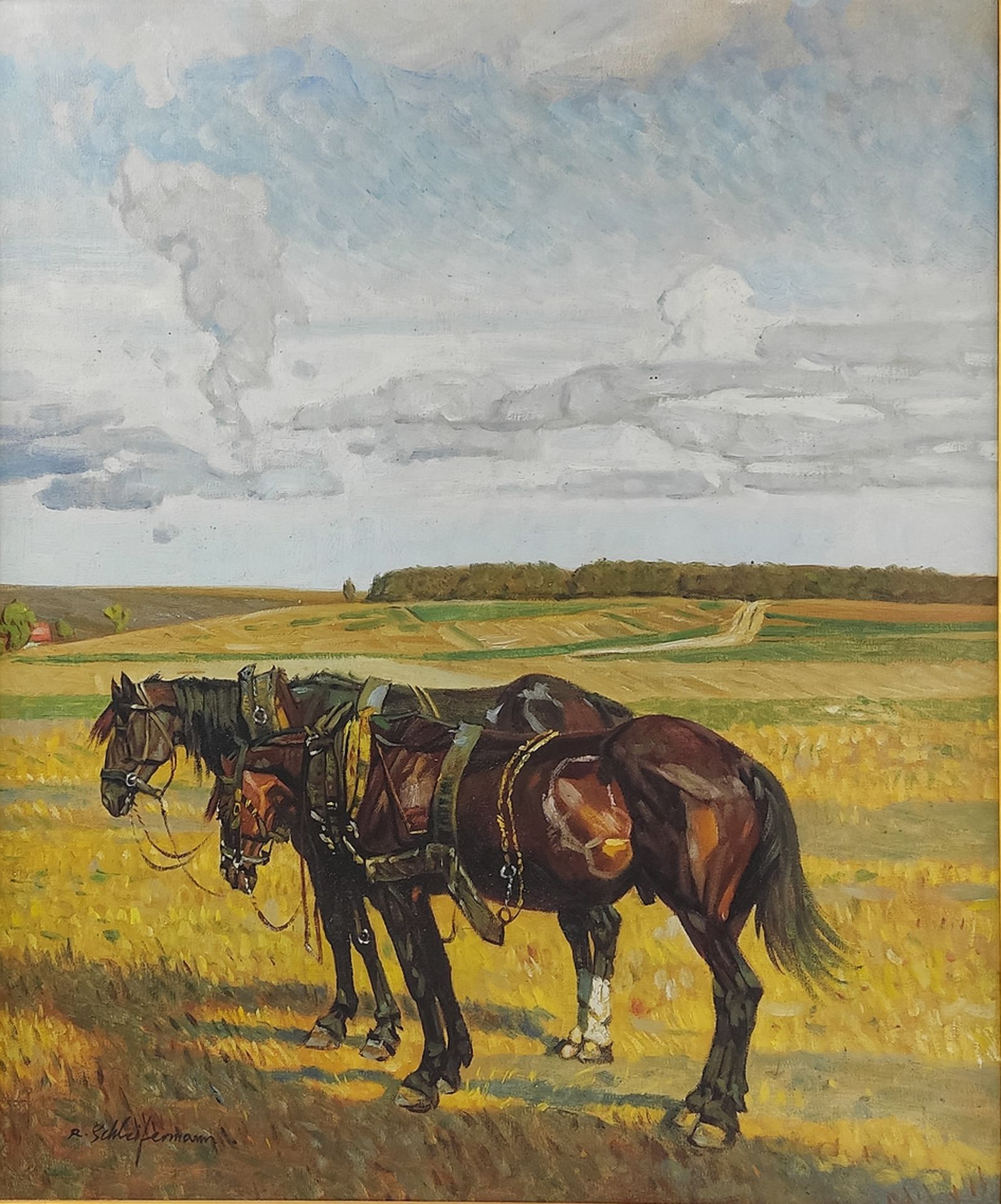 R. Schleifermann, "Ackergäule nach getaner Arbeit" Öl/Leinwand, 60x50 cm - Image 2 of 2