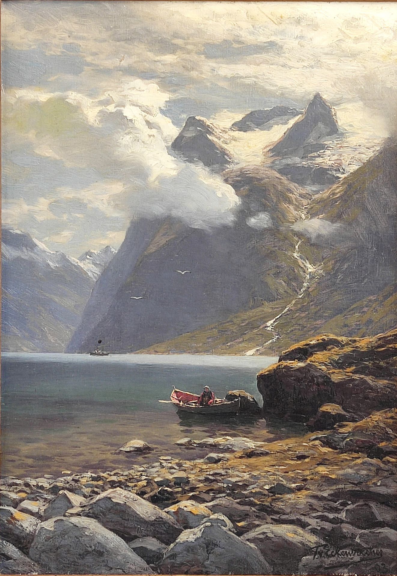 Themistocles VON ECKENBRECHER (1842-1921), Fjordlandschaft mit Fischerbooten - Bild 2 aus 4