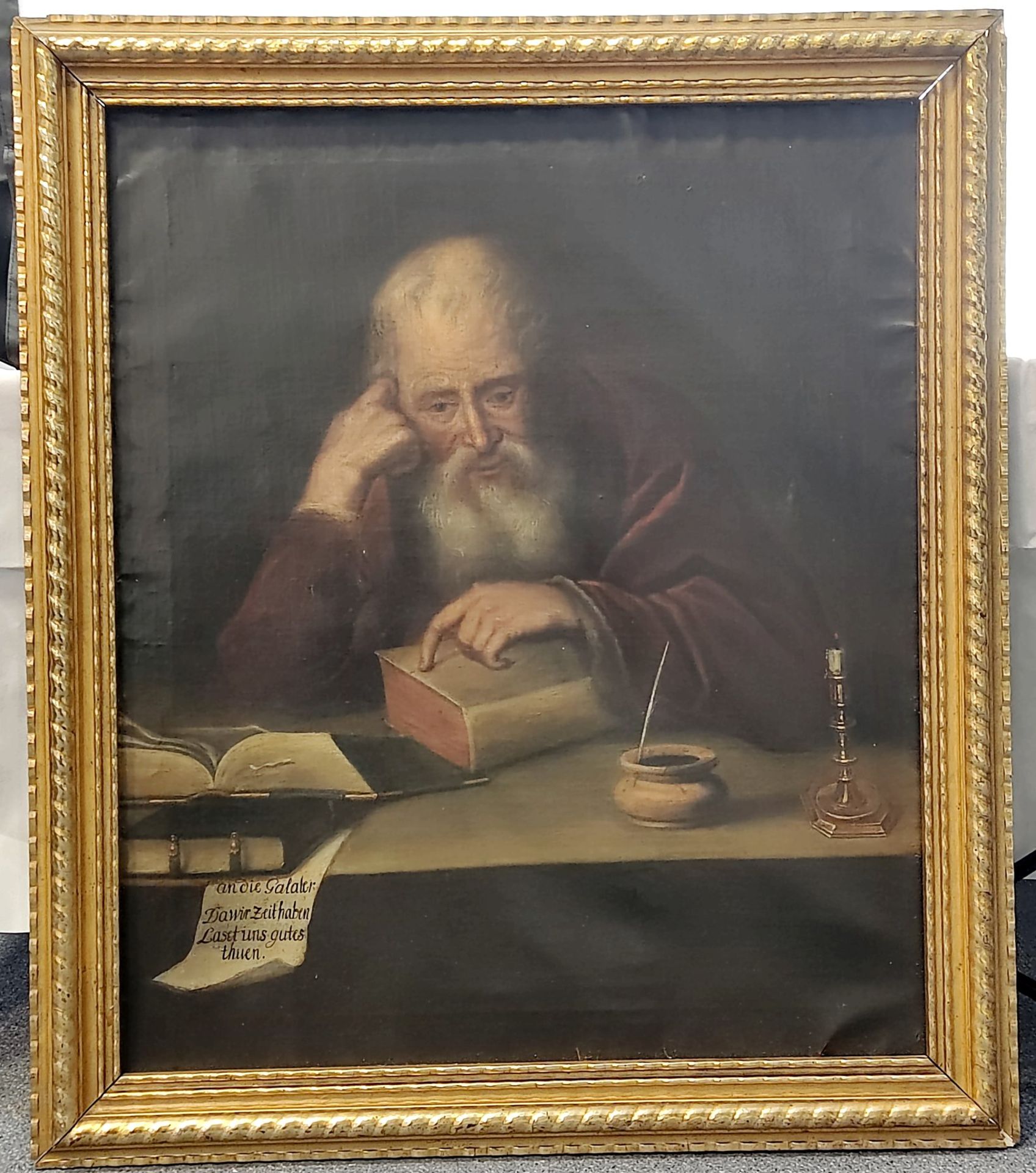 "Apostel Paulus schreibt den Galaterbrief" im altmeisterlichen Stil um 1900