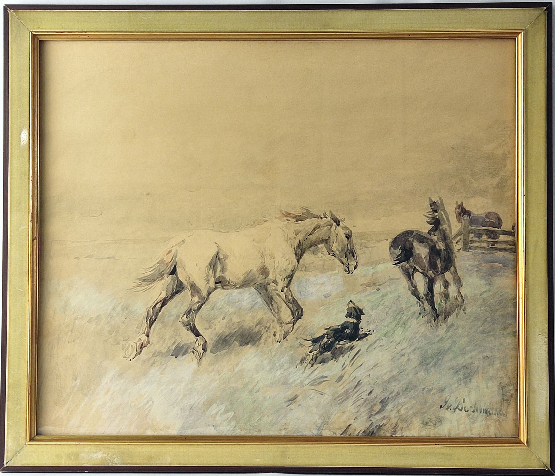 Gregor VON BOCHMANN (1850-1930), "Pferde mit Hund auf der Koppel" - Image 2 of 3
