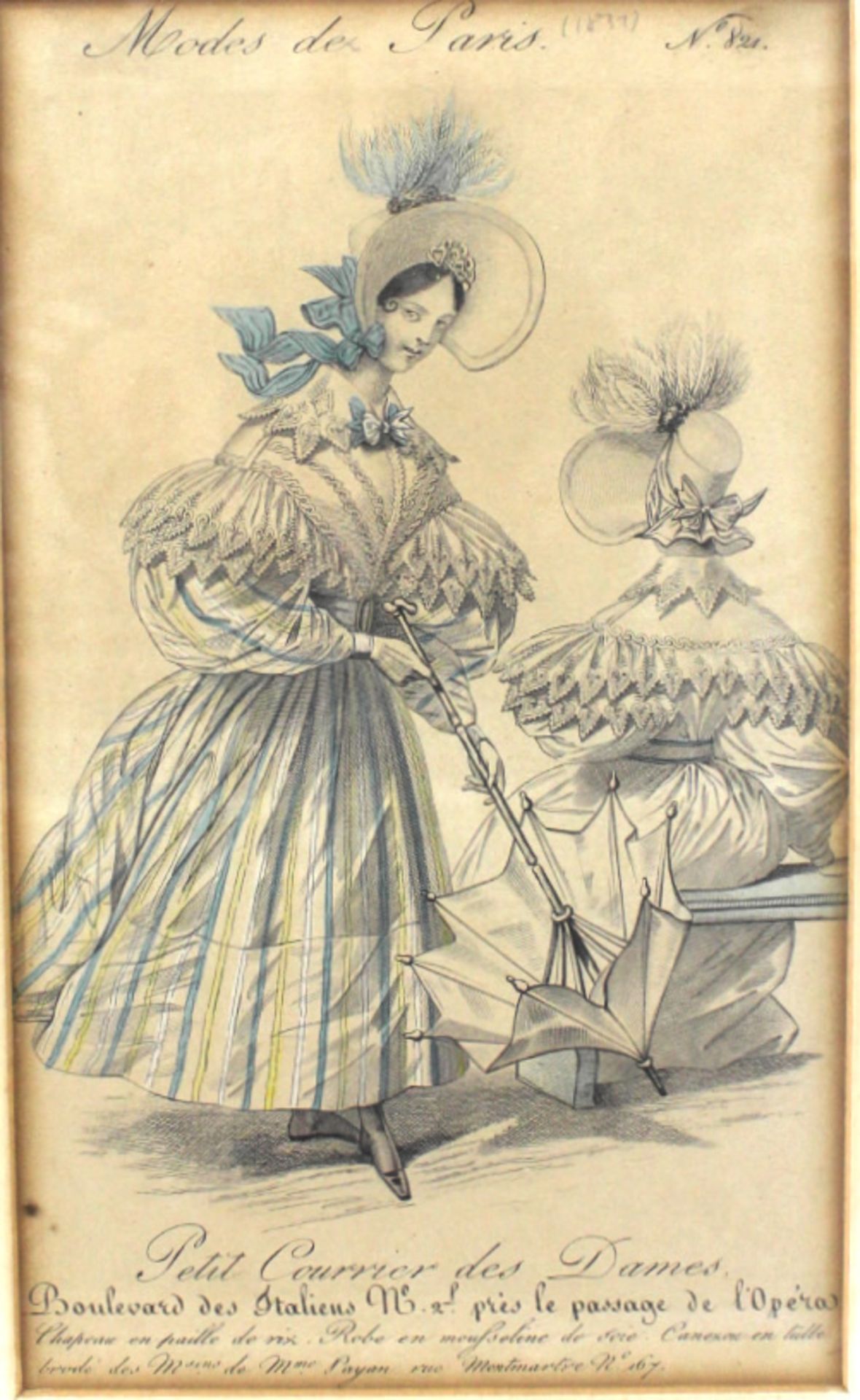 Kolorierter Kupferstich, aus "Modes de Paris, Nr.821", um 1830 - Bild 2 aus 2