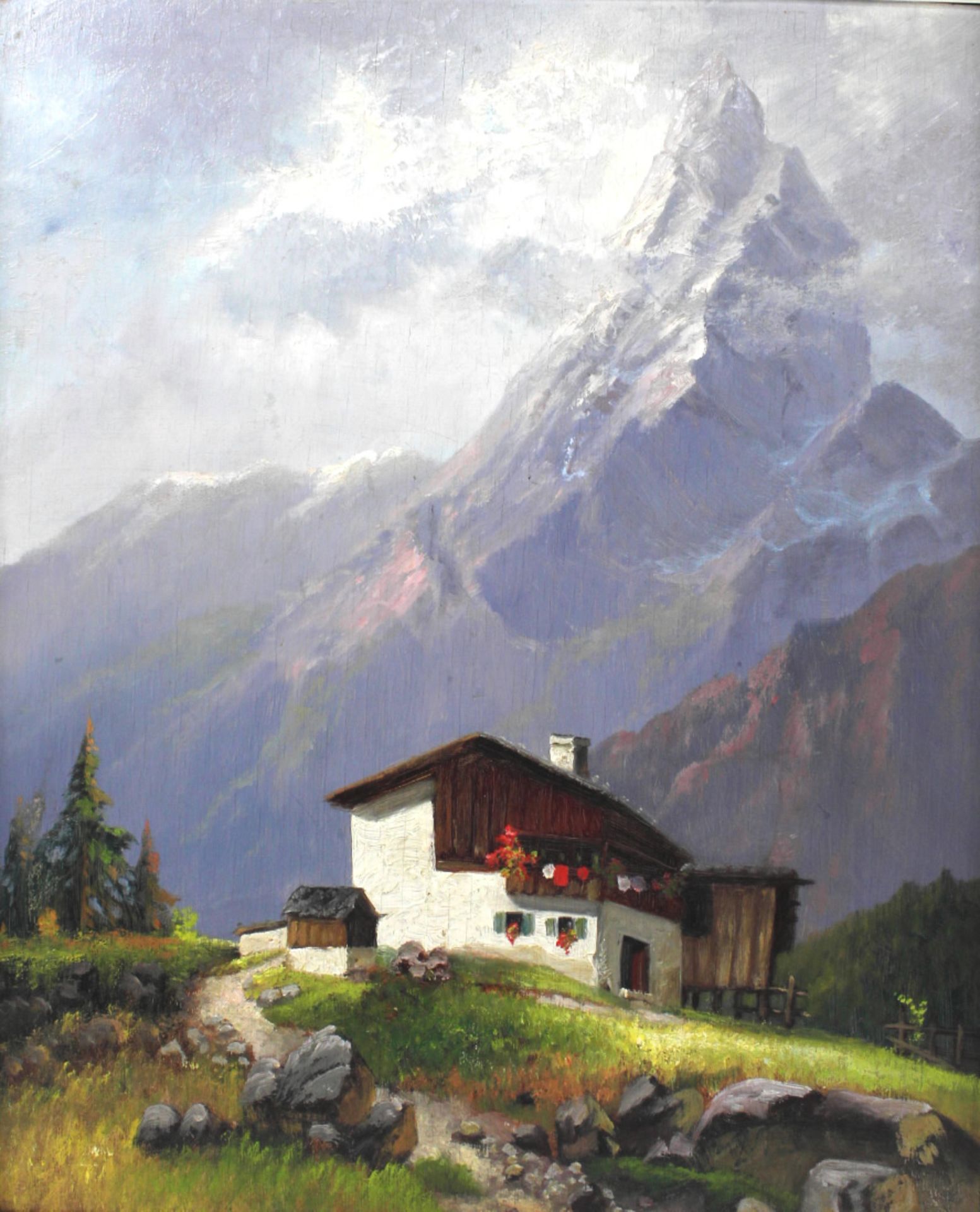 Künstler 20.Jh.,"Haus in den Alpen", Öl/Platte, unsign. - Image 2 of 3