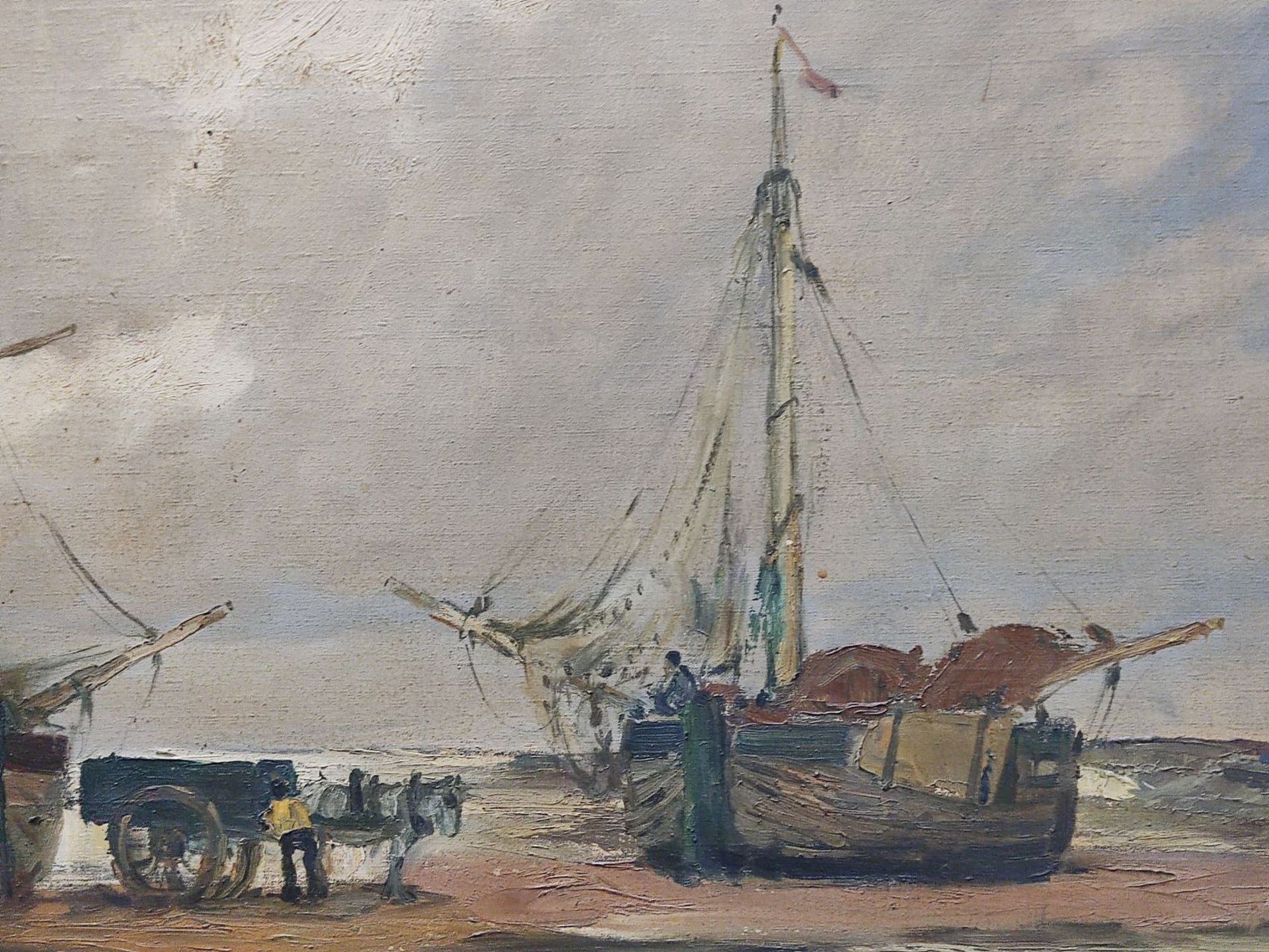 Carl Fey (1867-1939) "Fischkutter am Strand" Düsseldorf 1916 - Image 3 of 7