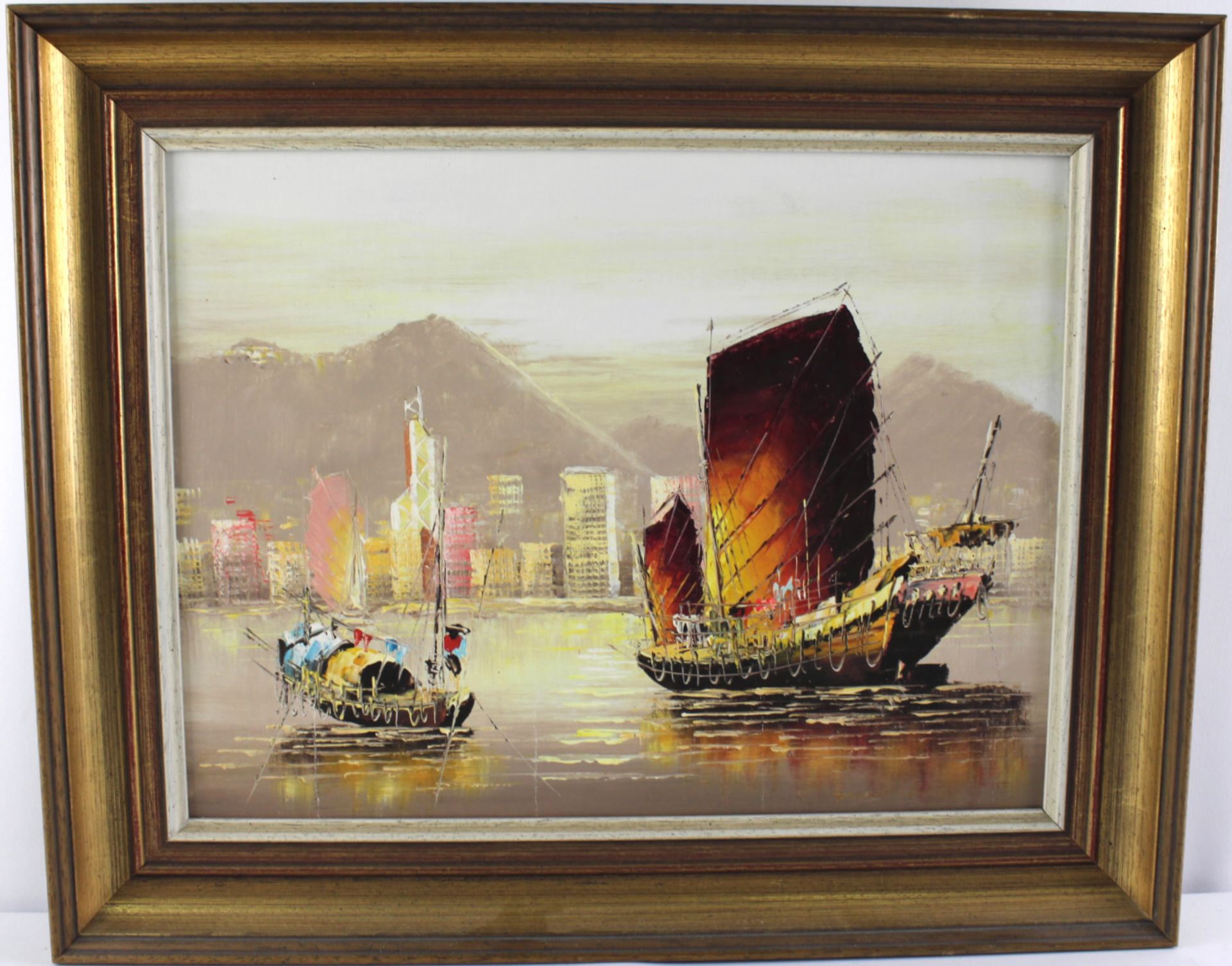 Hongkong Boote, 20.Jh., Öl/Leinwand, unsigniert - Bild 2 aus 2