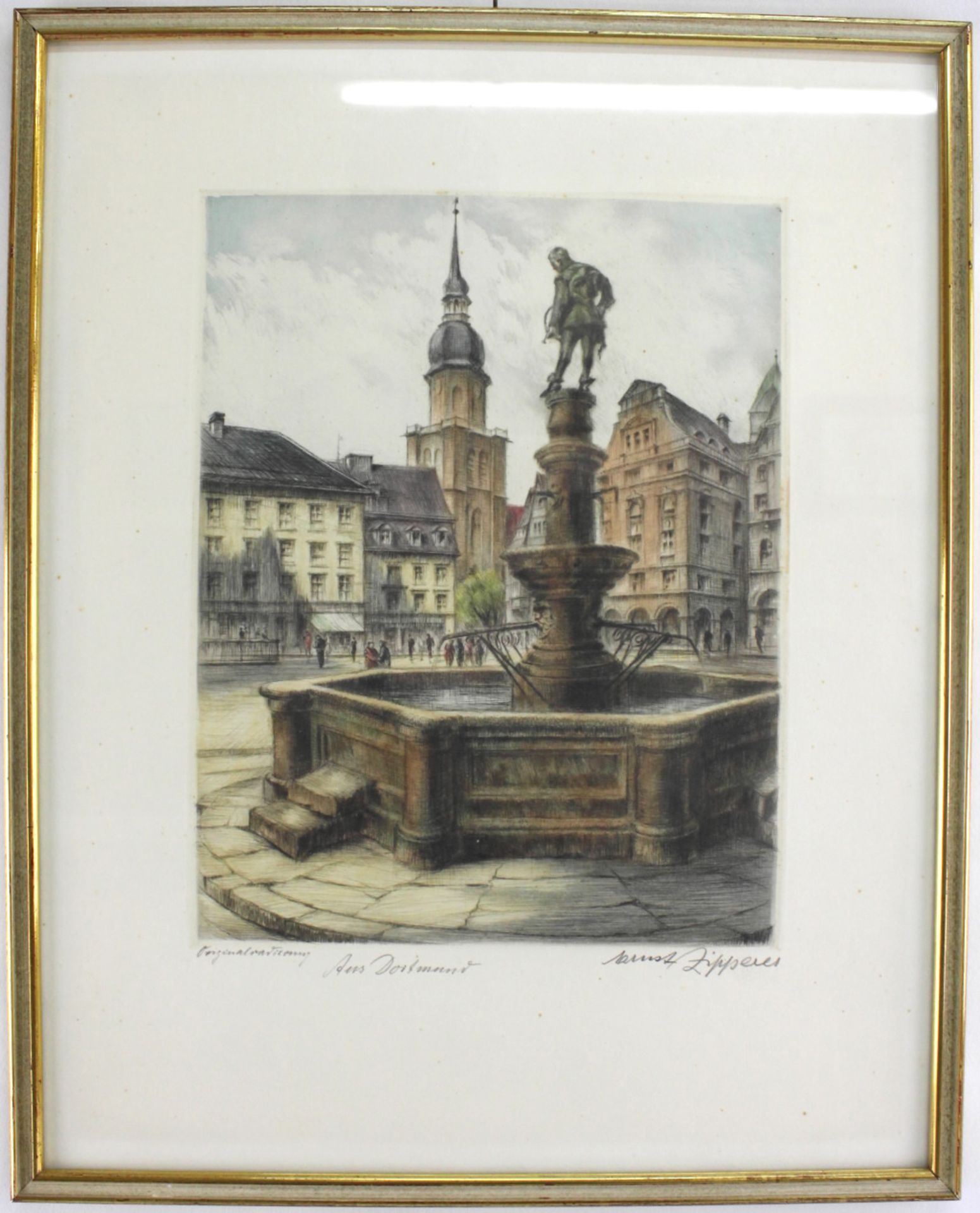 Ernst Zipperer (*1888-1982), "Aus Dortmund", Ansicht Bläserbrunnen u. Reinoldikirche - Image 2 of 3