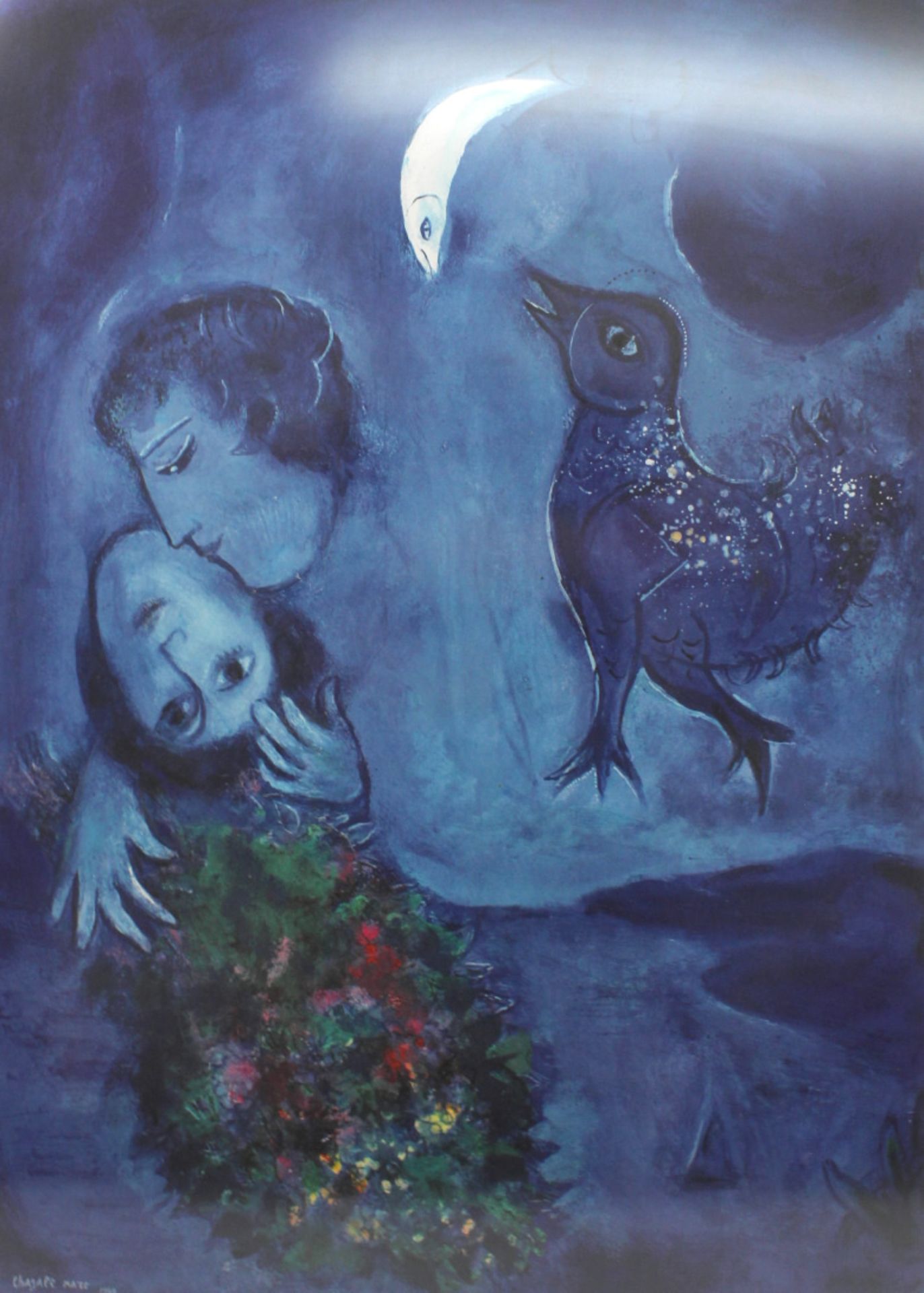 Farboffsetlithographie, Marc Chagall 1949- funkelner Vogel bei Mondschein