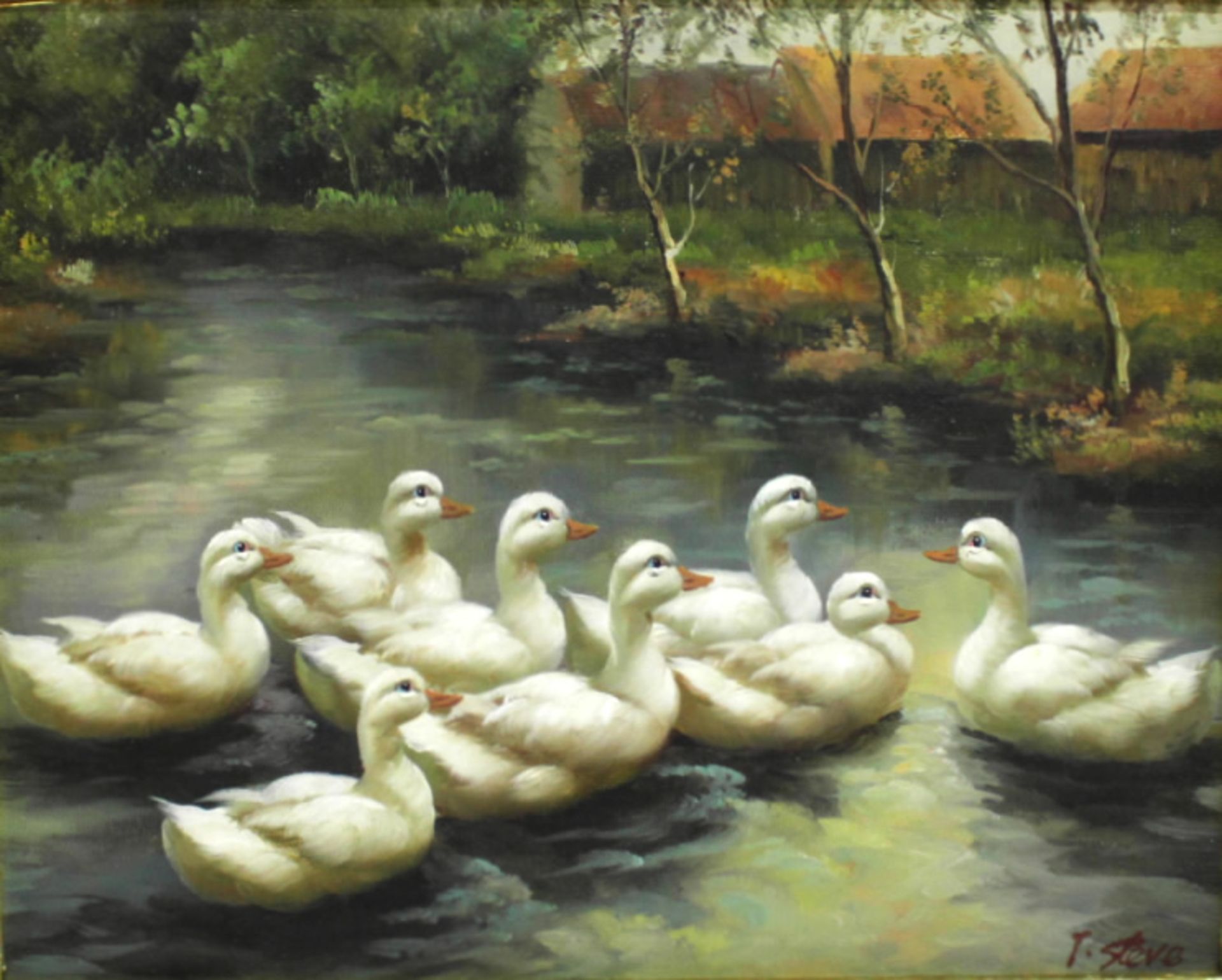 T. Steve, Maler 20. Jh., "Enten im Fluss"