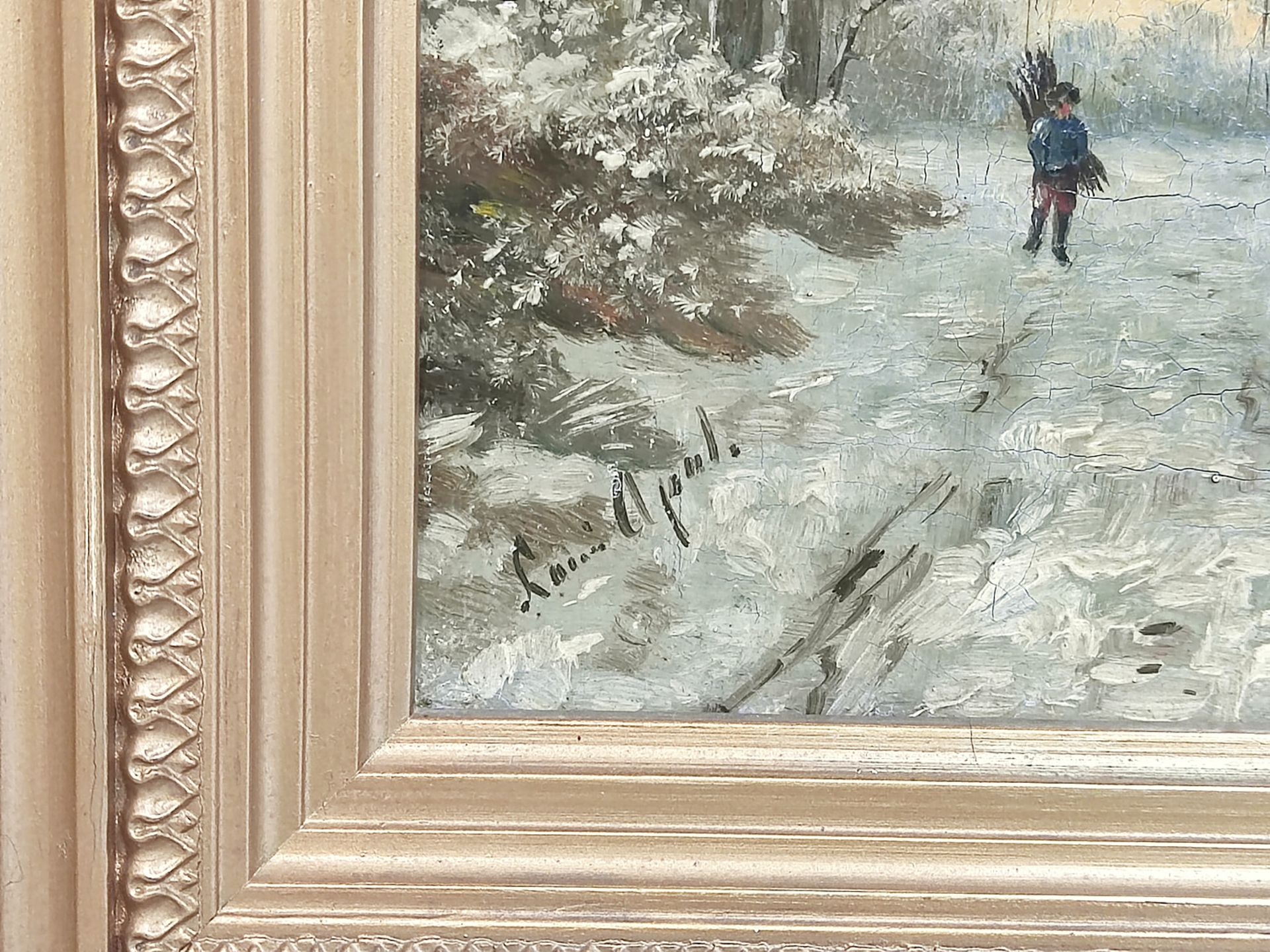 Louis Apol (1850 Den Haag-1936 ebd.) "Holzsammler in winterlicher Landschaft" - Image 3 of 4