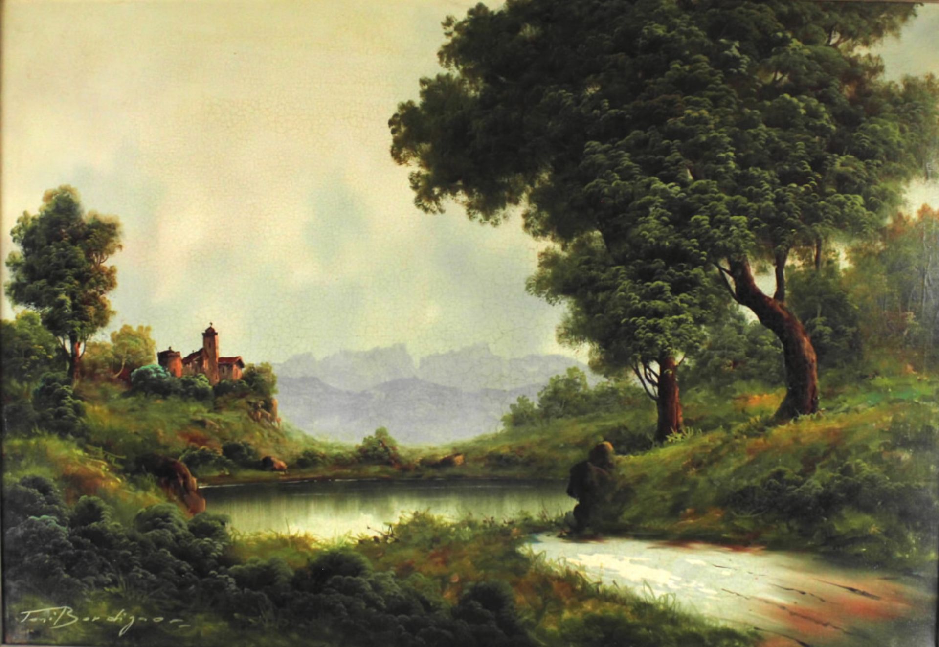 Toni Bordignon (1921 Italien) "Bewaldete Flusslandschaft mit Burg"