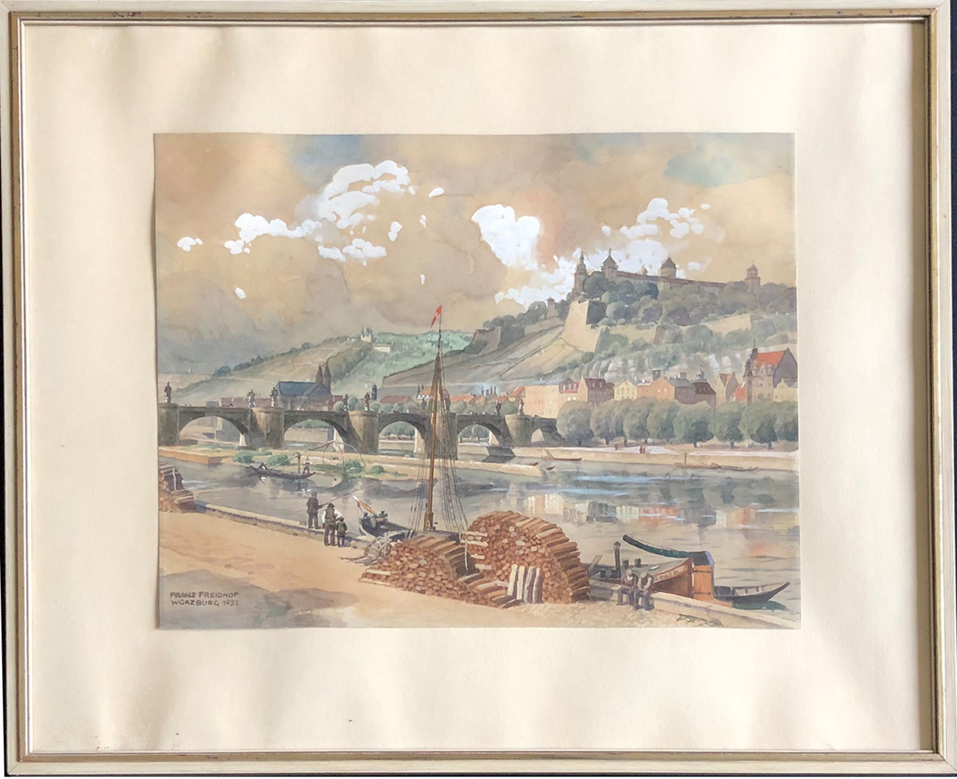 Franz FREIDHOF (1874-1958), Würzburg: Blick vom Main über die Alte Mainbrücke zur Festung,