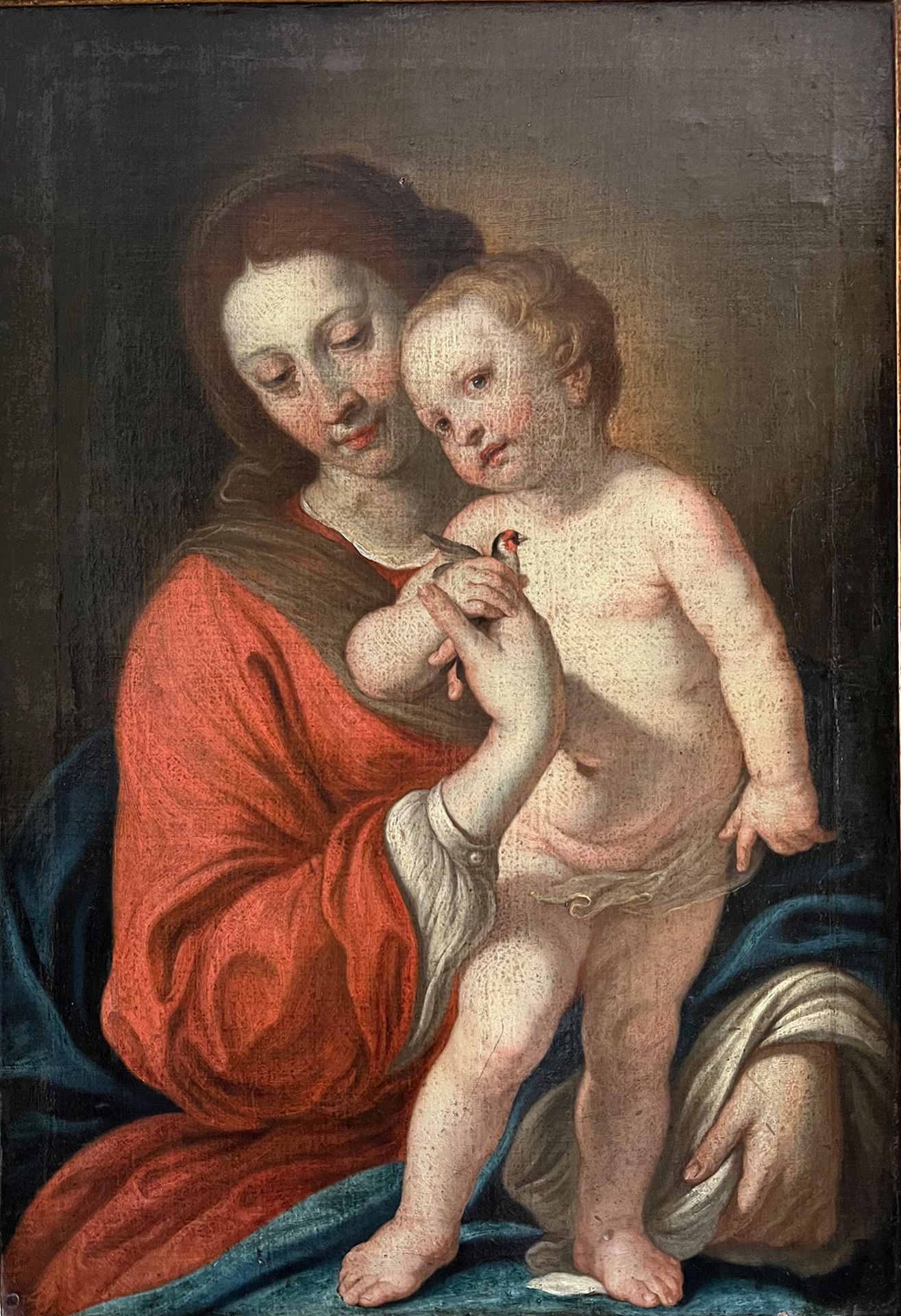 Flämische Schule, 17./18. Jh., Madonna mit dem Distelfink, Altersspuren, eine Leinwandbeschädigung /