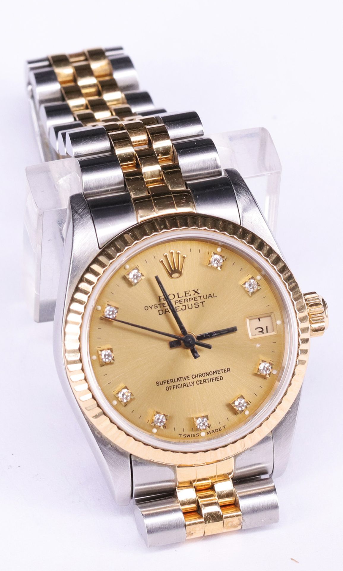 Rolex, Oyster Perpetual Date Just, Armbanduhr, goldfarbenes Zifferblatt mit Diamanten als Uhrzeiten,