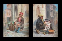 Paar Gemälde. 1 x Der Gemüseverkäufer von Kairo. 1 x Verkäuferin mit Kind. Beide unleserlich