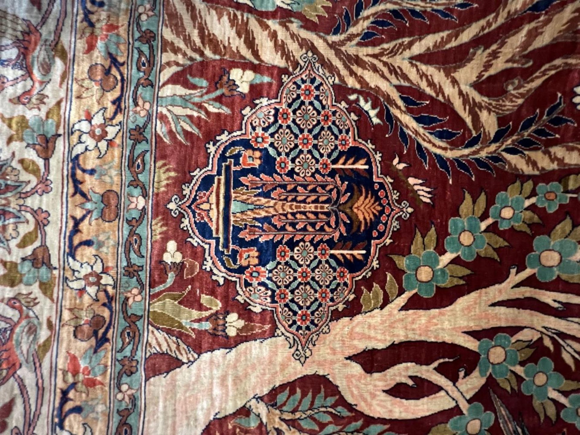 Seidenteppich, Hereke, Seide, Lebensbäume, Vögel, guter Zustand, 160 x 100 cm. Silk carpet, - Image 9 of 18