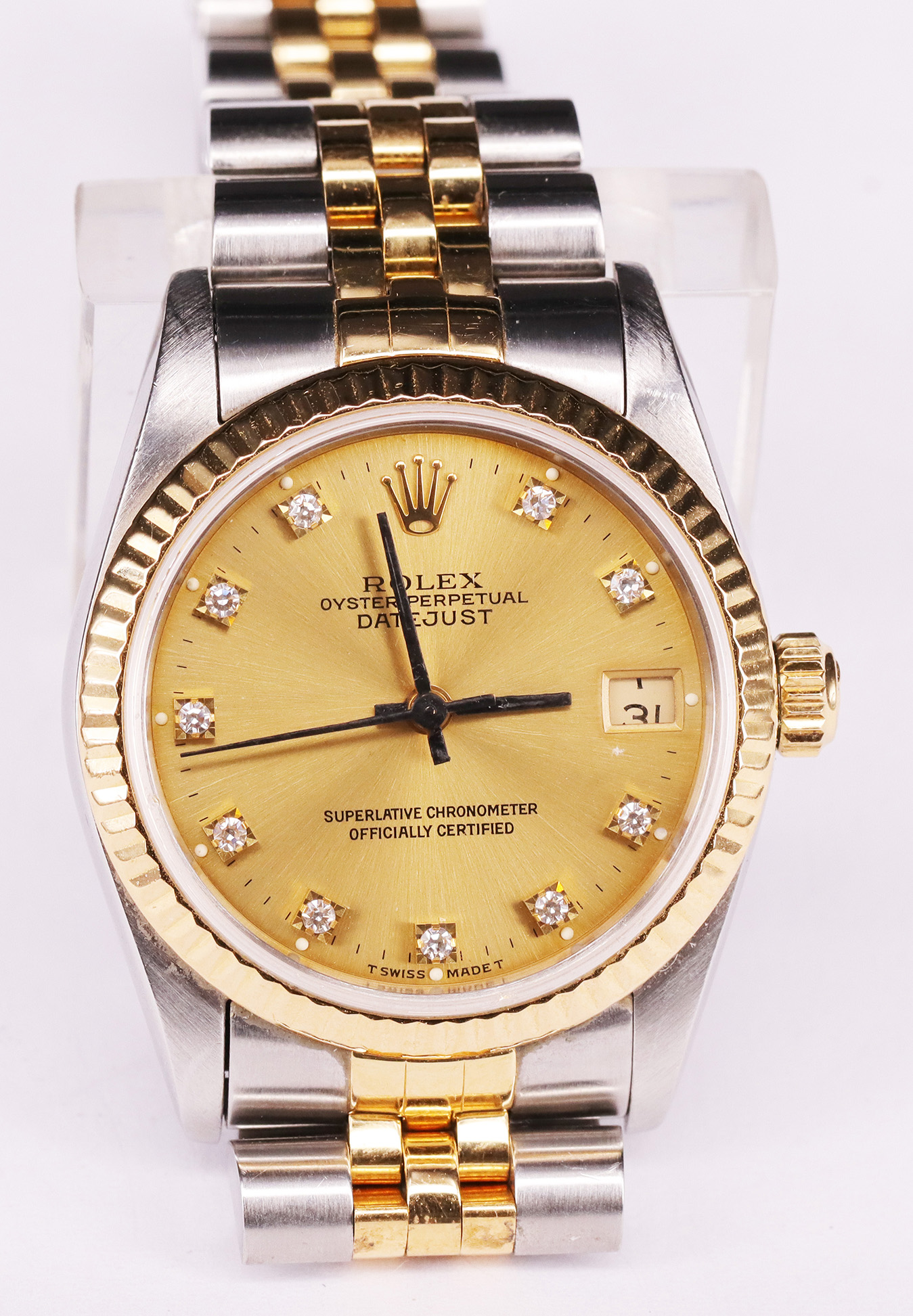 Rolex, Oyster Perpetual Date Just, Armbanduhr, goldfarbenes Zifferblatt mit Diamanten als Uhrzeiten, - Image 3 of 7