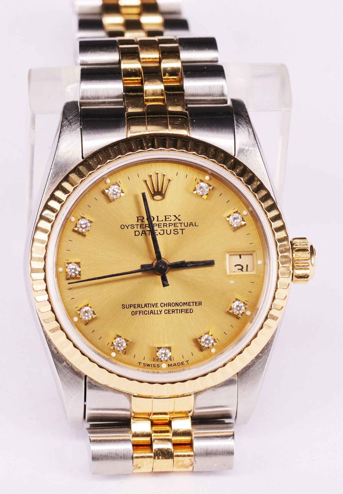 Rolex, Oyster Perpetual Date Just, Armbanduhr, goldfarbenes Zifferblatt mit Diamanten als Uhrzeiten, - Bild 3 aus 7