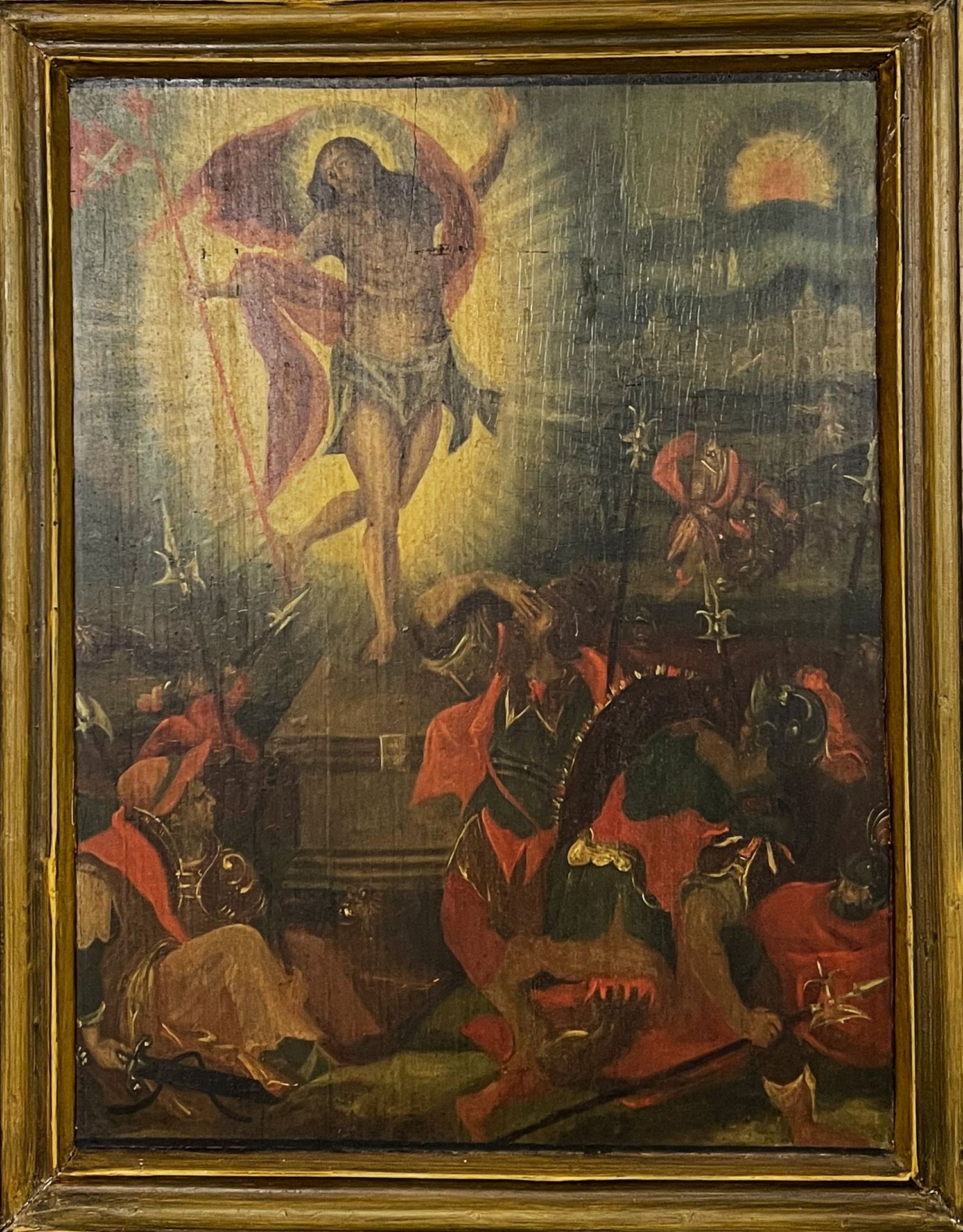 Auferstehung Jesu/ Resurrection of Christ. Tafelbild, Öl/Holz, Altersspuren, mit Rahmen 70 x 55 cm - Image 2 of 4