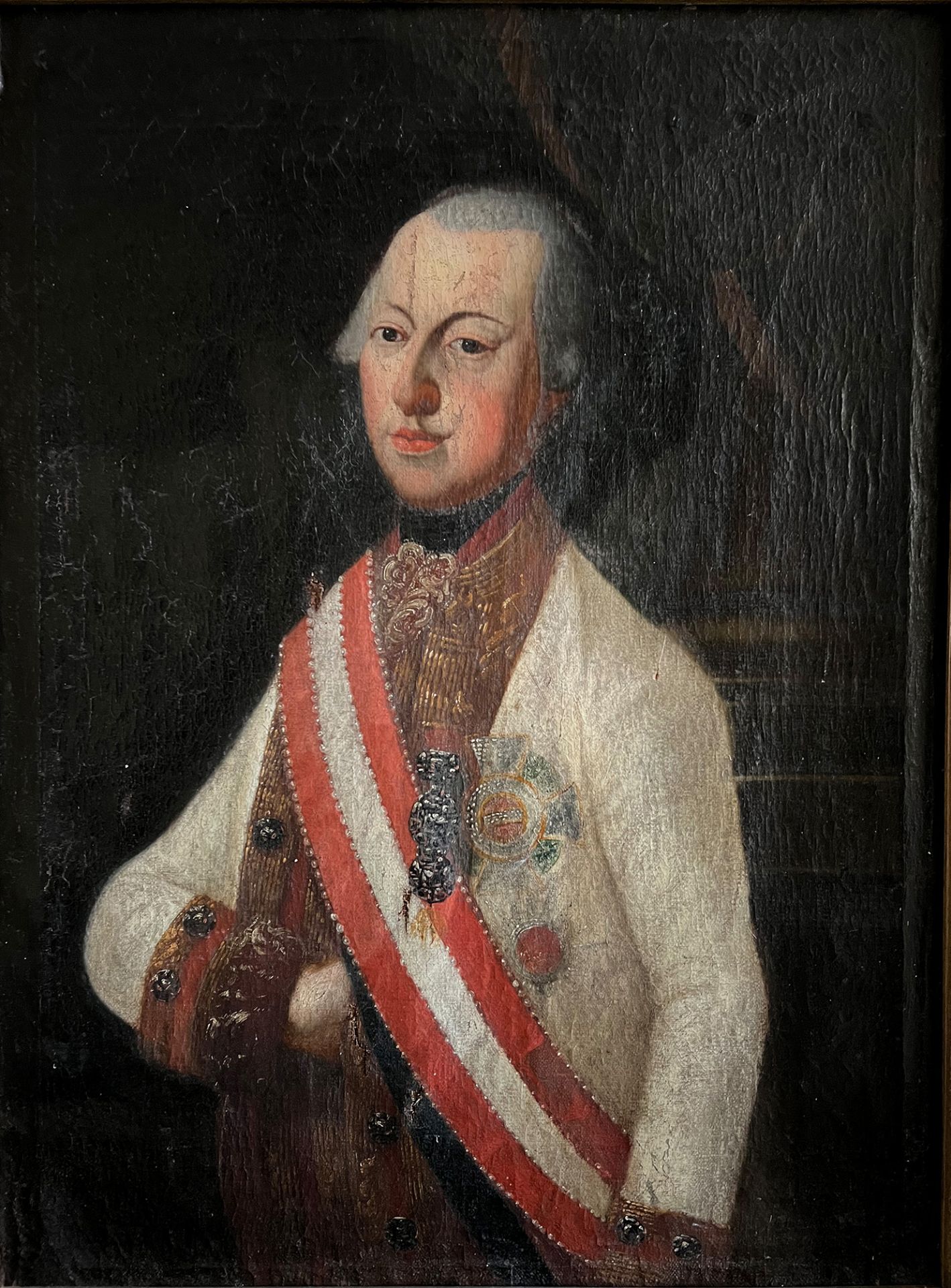 18. Jh., Portrait eines Würdenträgers in Uniform mit Orden, Altersspuren, Farbverluste,