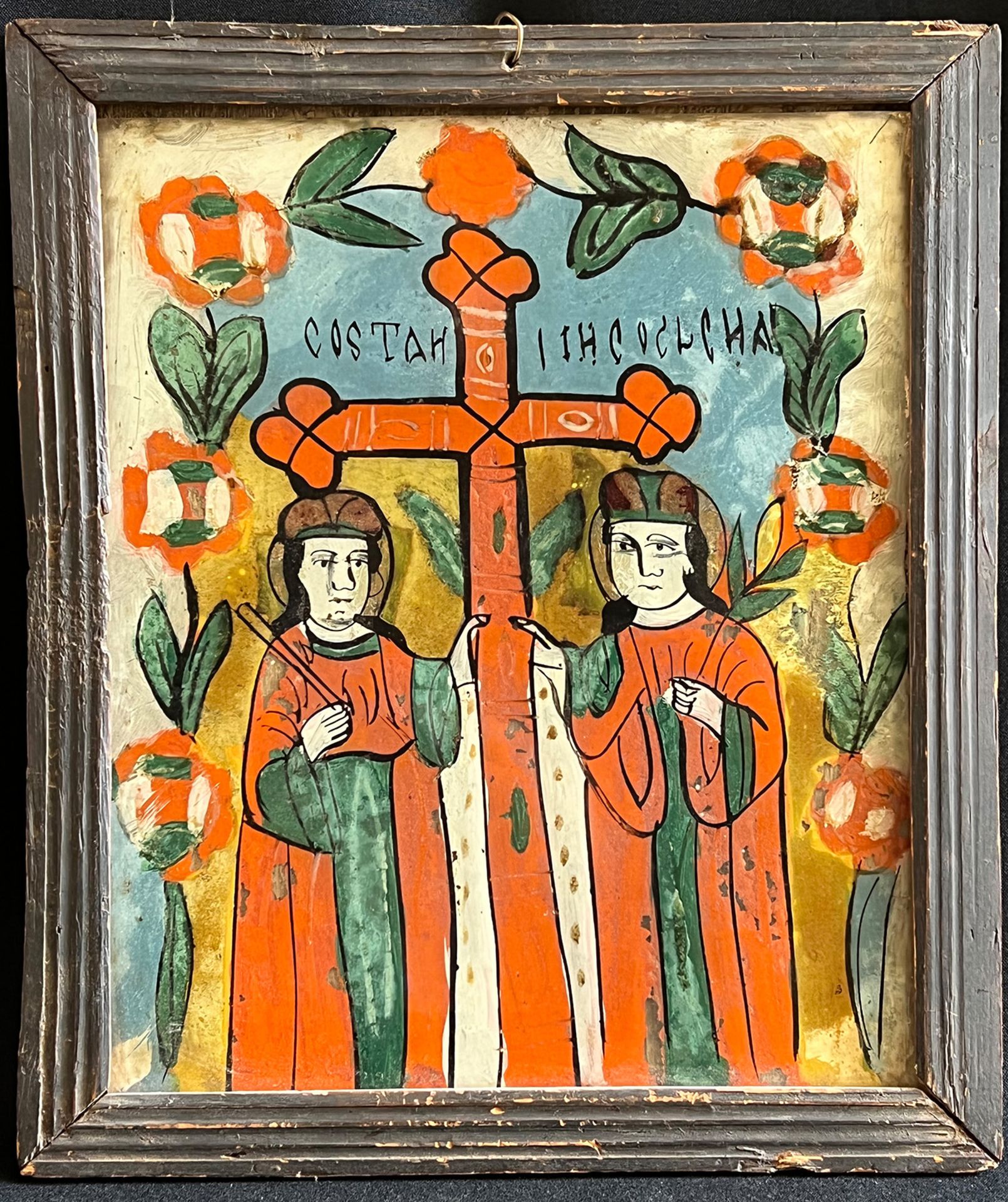 Hinterglasbild mit zwei Heiligen und Kreuz, Altersspuren, 38 x 32,5 cm