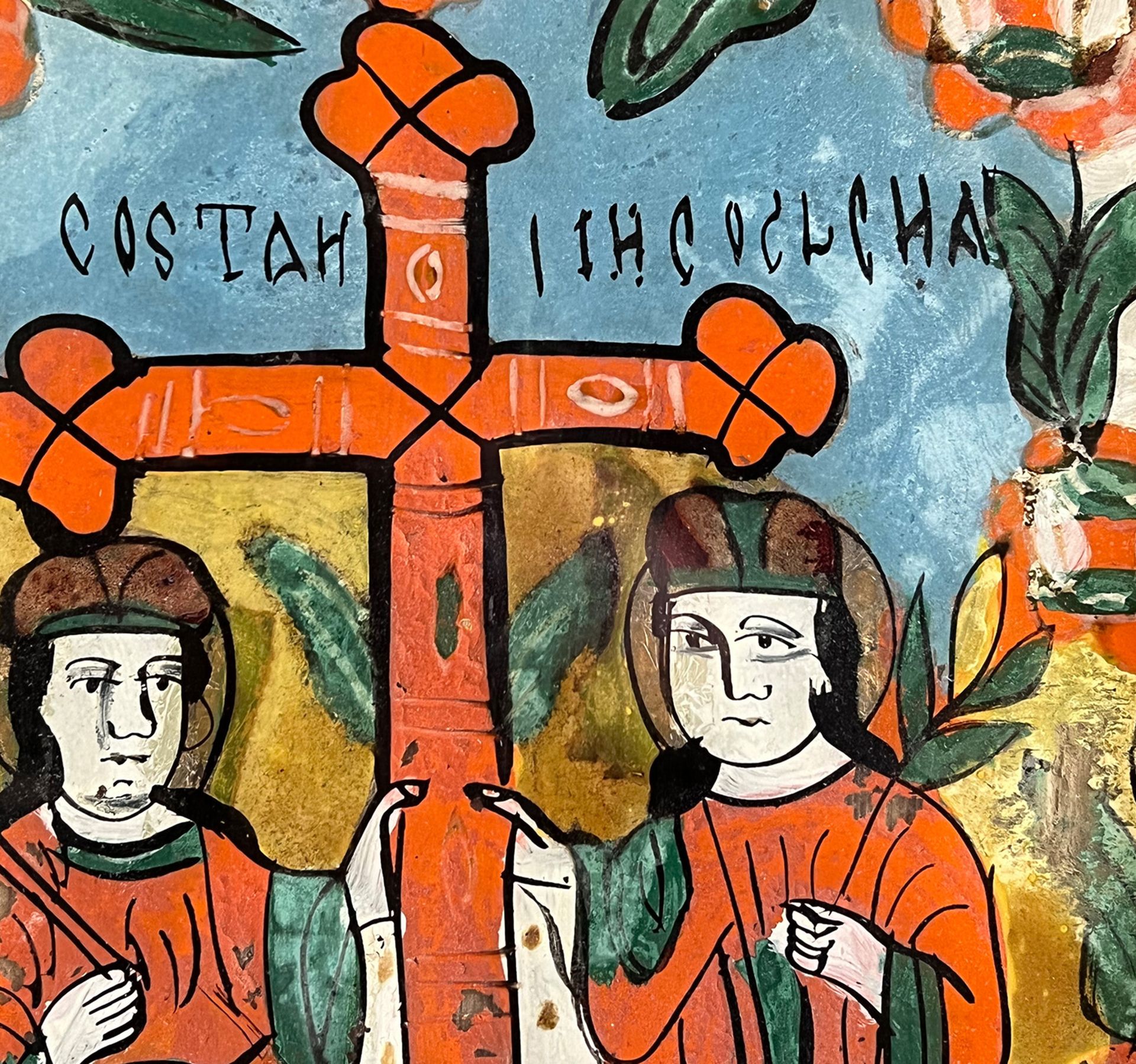 Hinterglasbild mit zwei Heiligen und Kreuz, Altersspuren, 38 x 32,5 cm - Bild 3 aus 3