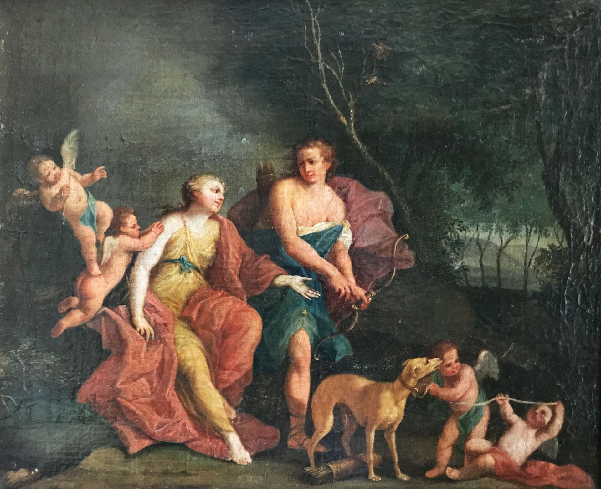 Unbekannter Künstler, Italien 17. Jh., Jagdgöttin Diana mit weiteren Figuren, Putten und Hund, Öl/