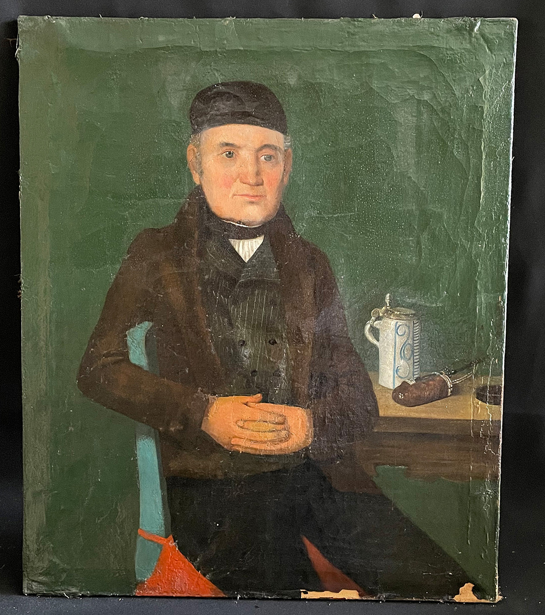 Unbekannter Maler, 19. Jh., sitzender Mann mit Bierseidel, Öl/Lwd, Altersspuen, Farbabplatzungen