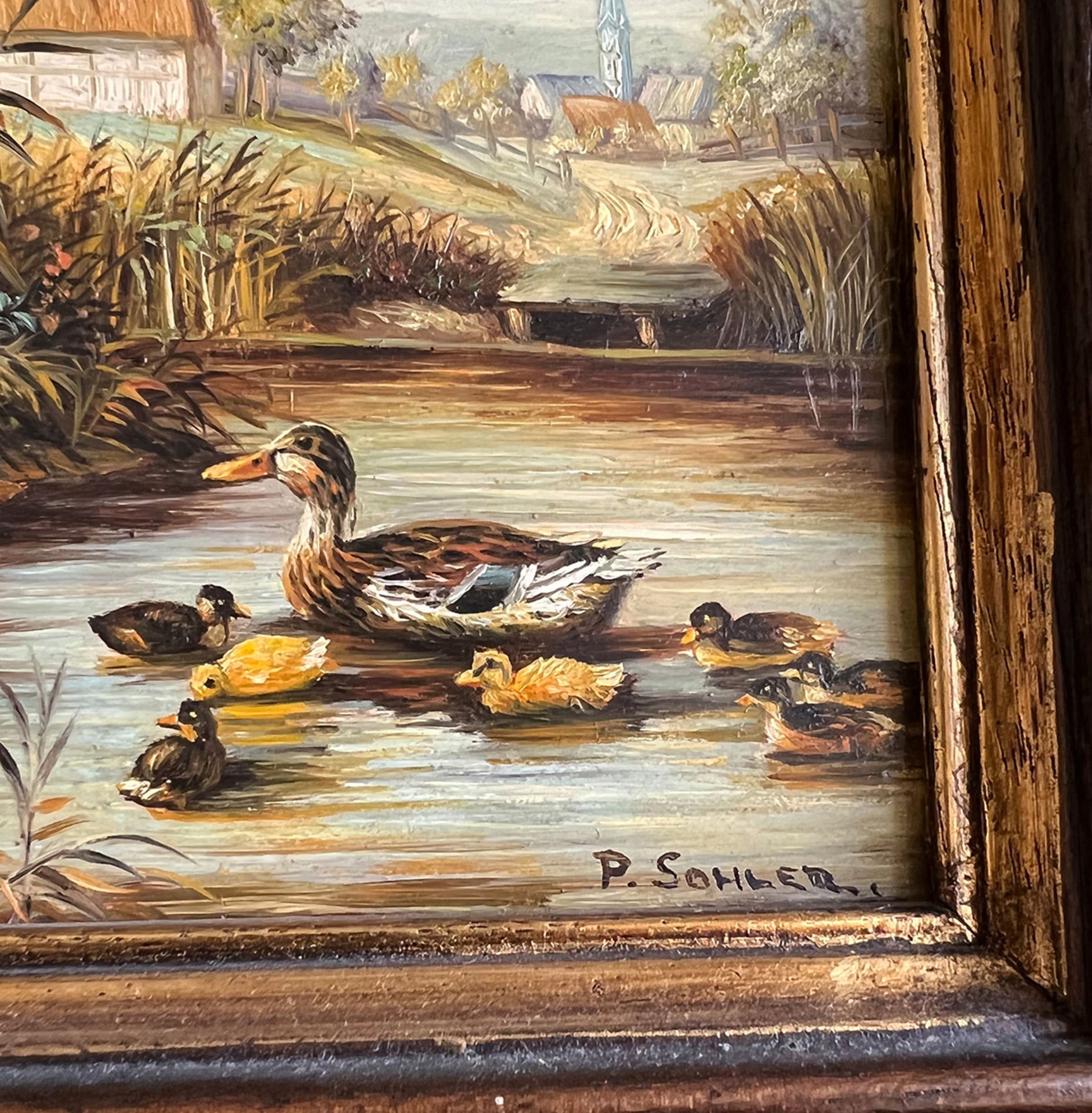 P. Sohler, Paar Bilder: Enten am Teich, signiert, Öl/Spanplatte, 13 x 18 cm; Hühner am Teich, im - Bild 2 aus 5