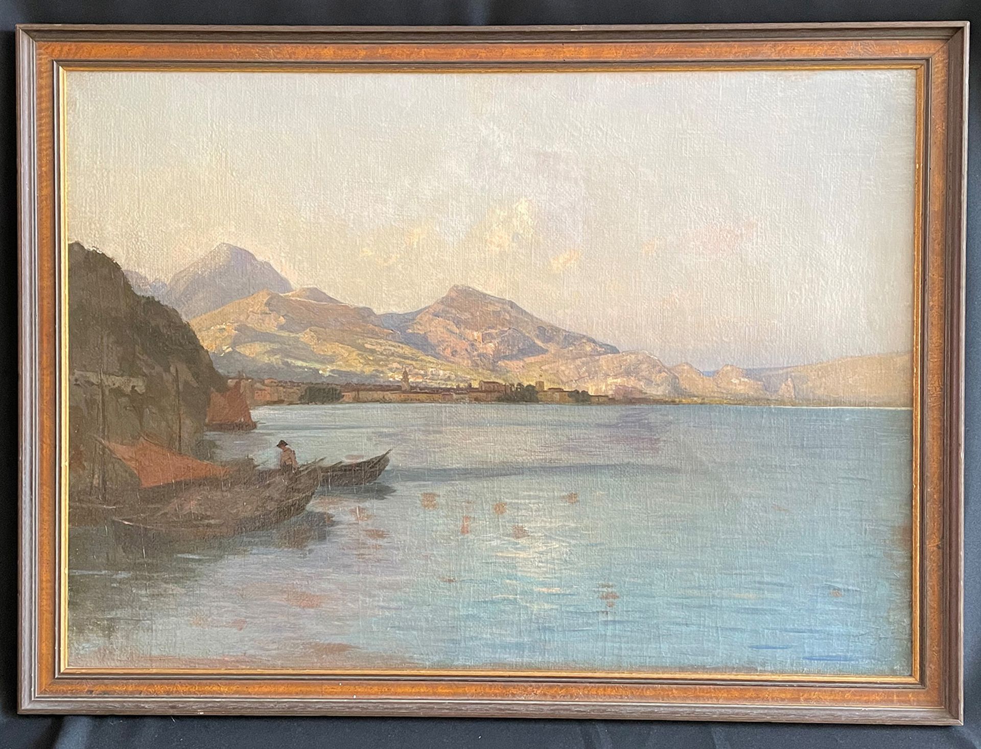 Unbekannter Künstler, um 1900, Boote auf dem Wasser mit Blick auf Stadt und Berge, Öl/Lwd. Unknown - Image 2 of 4