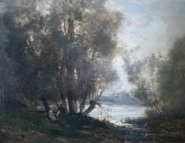 Charles Deshayes (1831-1895). Flusslandschaft mit Ziegenhirtin, signiert, Öl auf Holzplatte, 20 x 25