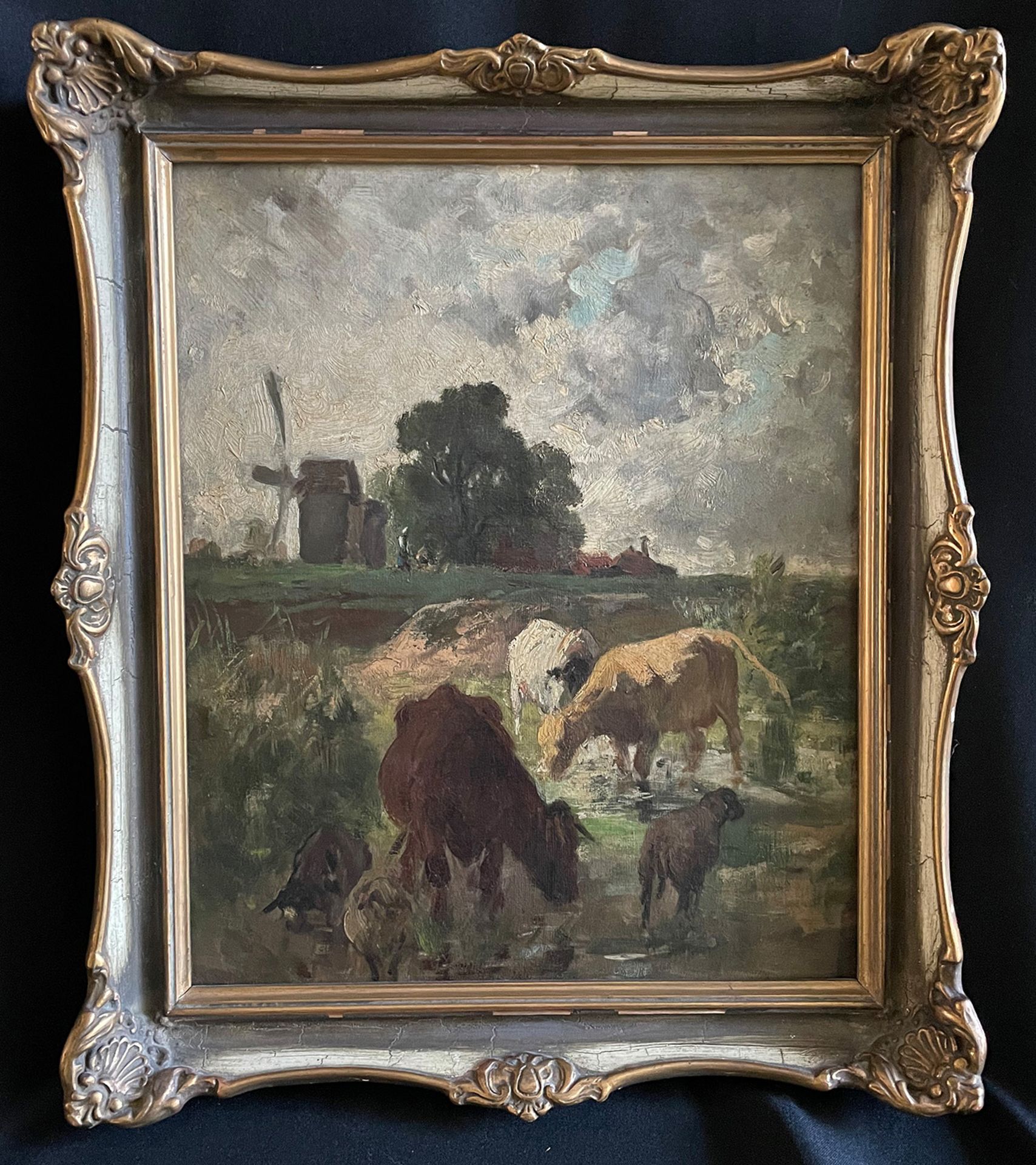 Unbekannter Künstler. Vieh auf der Weide mit Windmühle, Öl/Lwd. Unknown artist. Cattle in the - Image 2 of 3