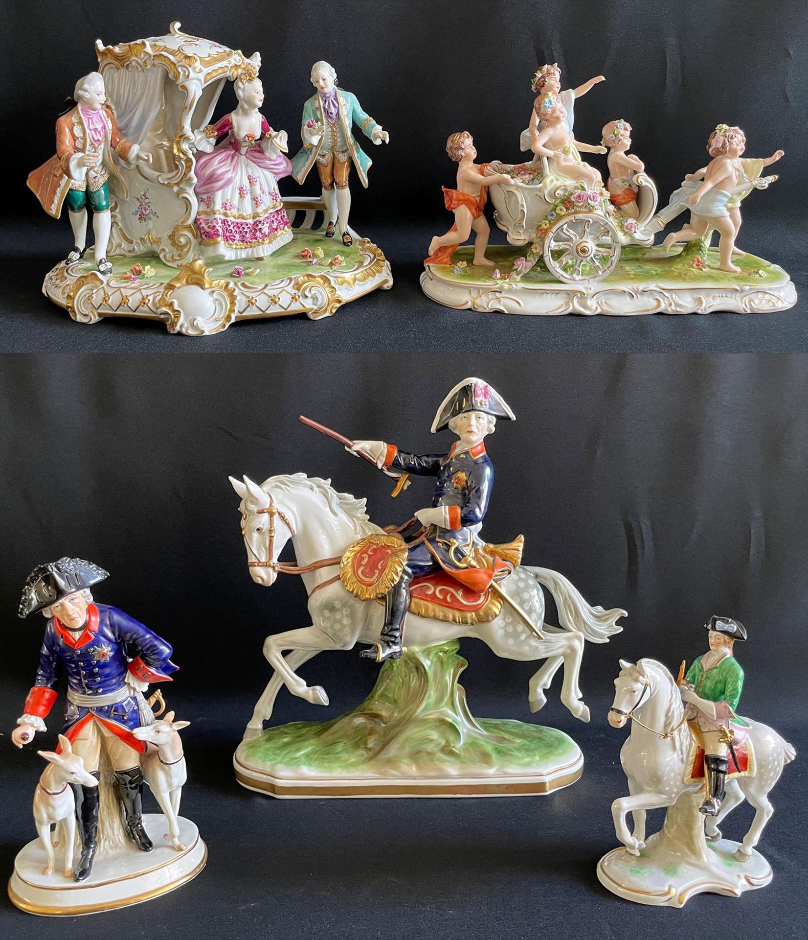 Konvolut Porzellanfiguren, 5 Stück: Napoleon zu Pferde, Gräfenthal, 36 x 36 cm; Reiter,