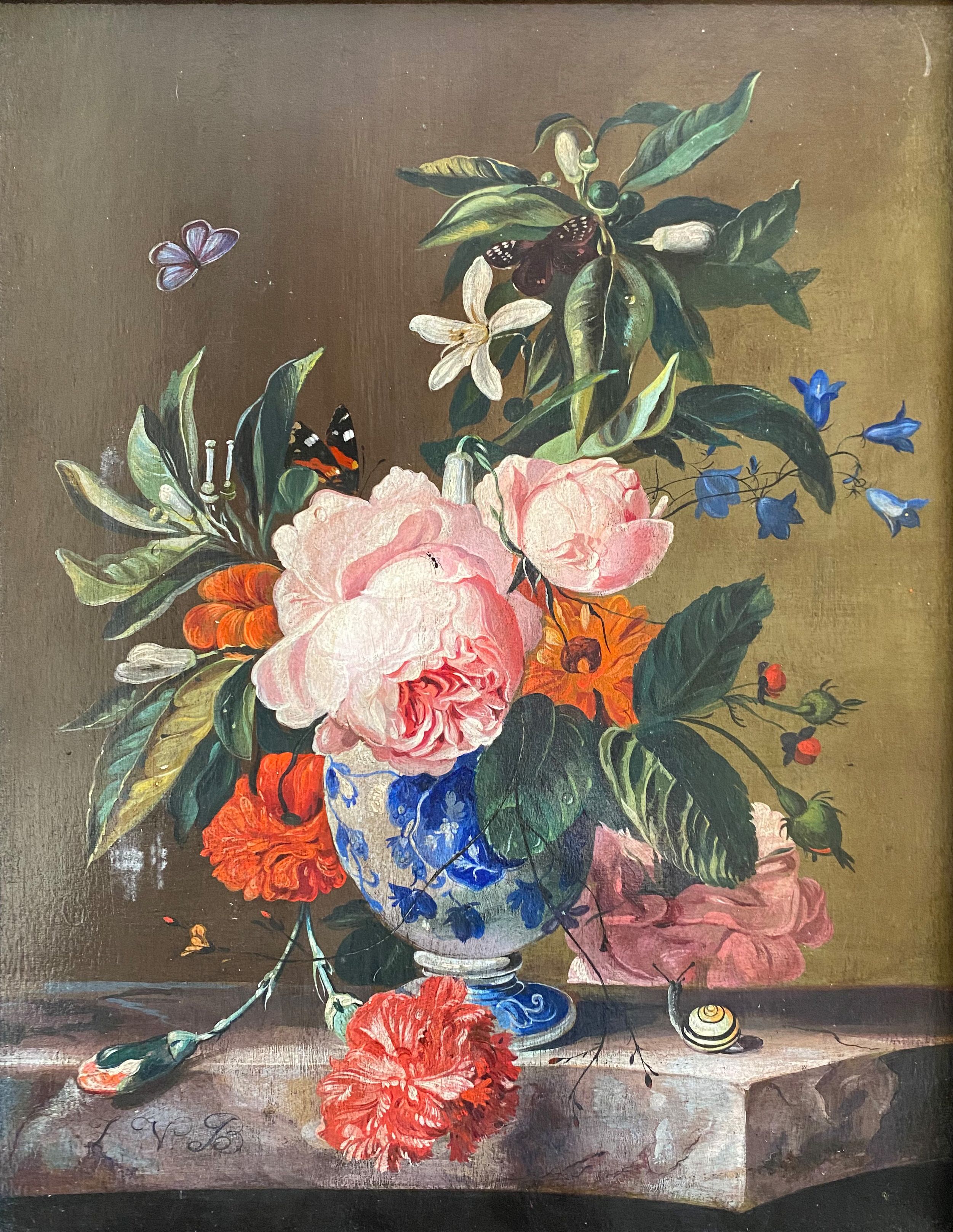 Anonymer Maler, Blumenstillleben mit Schmetterlingen und Schnecke, monogr. "F.V.B.", Öl/Holz 38,5