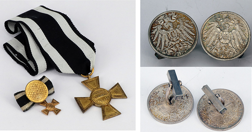 Konvolut: Kriegsverdienstkreuz mit Miniatur und Paar Manschettenknöpfe, Silber, bestehend aus je