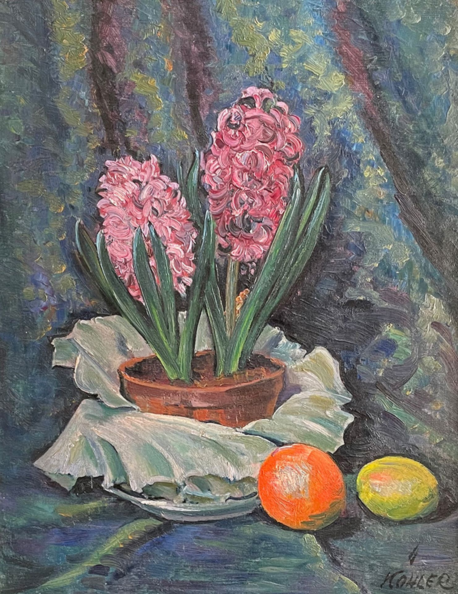 Köhler, Stillleben mit Hyazinthen und Früchten, signiert, Öl/Lwd, 58 x 45 cm