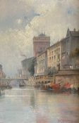 Karl Kaufmann (1843 - 1905), Boote am Fluss in der Stadt, Öl auf Platte, signiert, 31,5 x 20,5 cm,