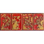 China, 19. Jh., Wandpaneele mit Blumen und Vögeln, Holz, geschnitzt, rotgrundig, vergoldet,
