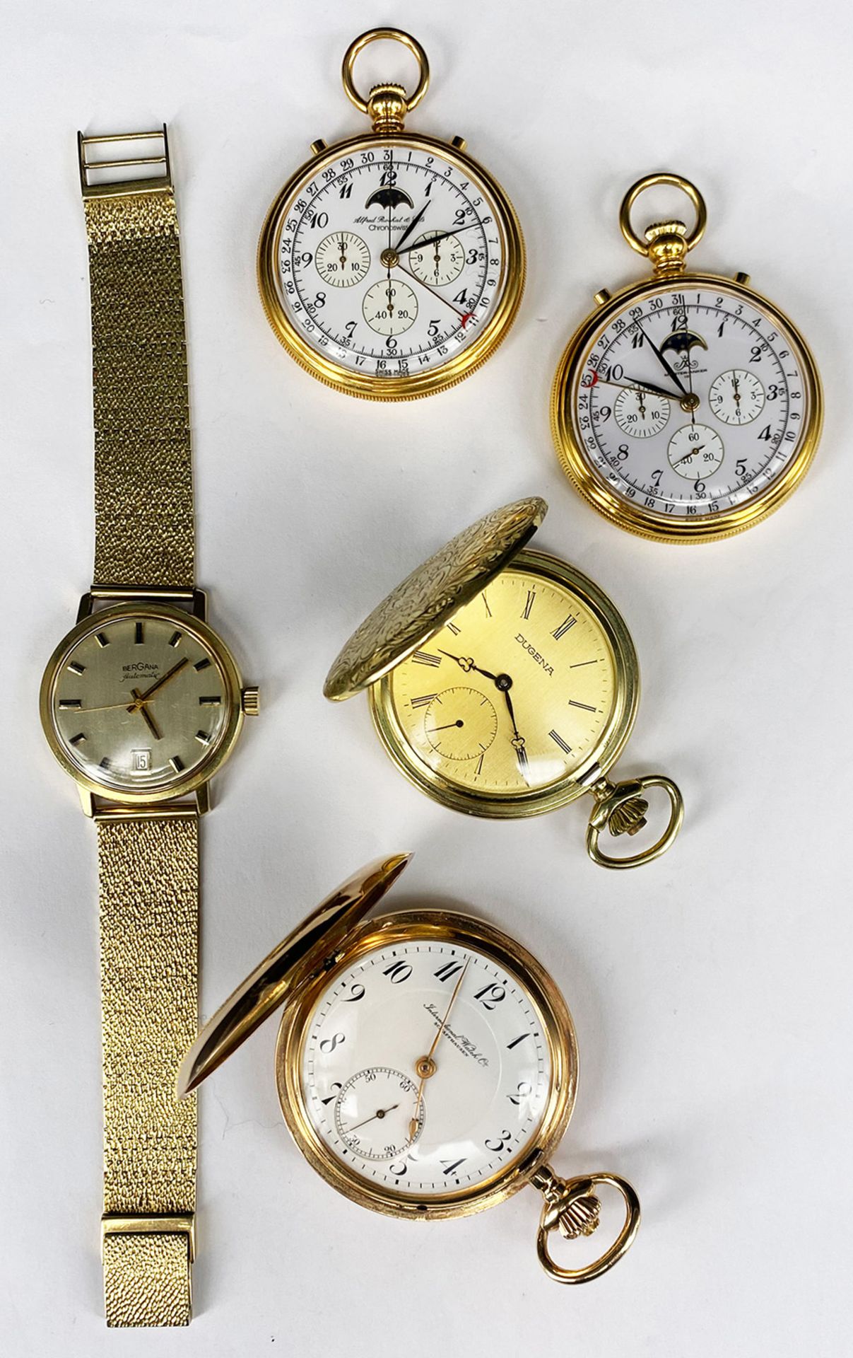 Konvolut 5 Uhren: Herren Armbanduhr, Bergana Automatic, 14 Karat, 0,585 GG, rundes Zifferblatt mit