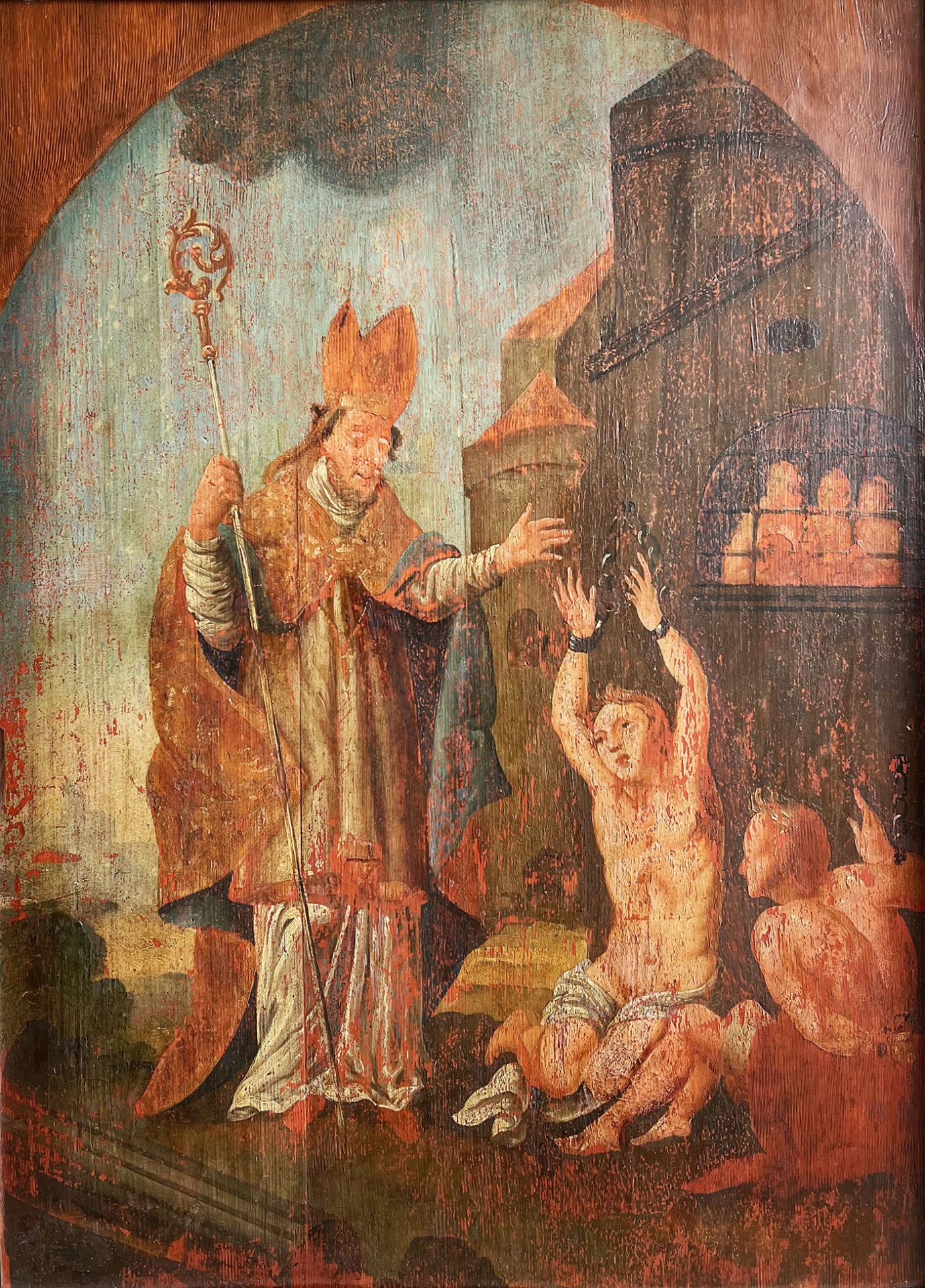 Bischof besucht Gefangene/ bishop visiting prisoners. Süddeutsch, 18. Jh. oder früher, Tafelbild,