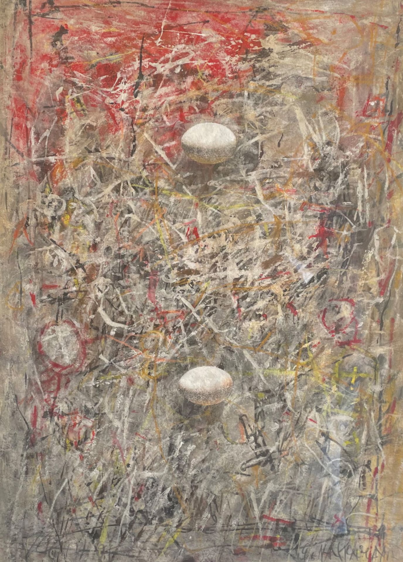 Gerd MACKENSEN (1949), abstraktes Gemälde, Mischtechnik auf Papier, 83 x 60 cm